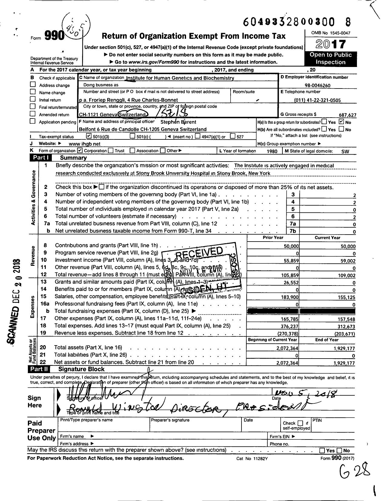 Image of first page of 2017 Form 990 for The Institute for Human Genetics and Biochemistry 12 Rue Du Mont-De