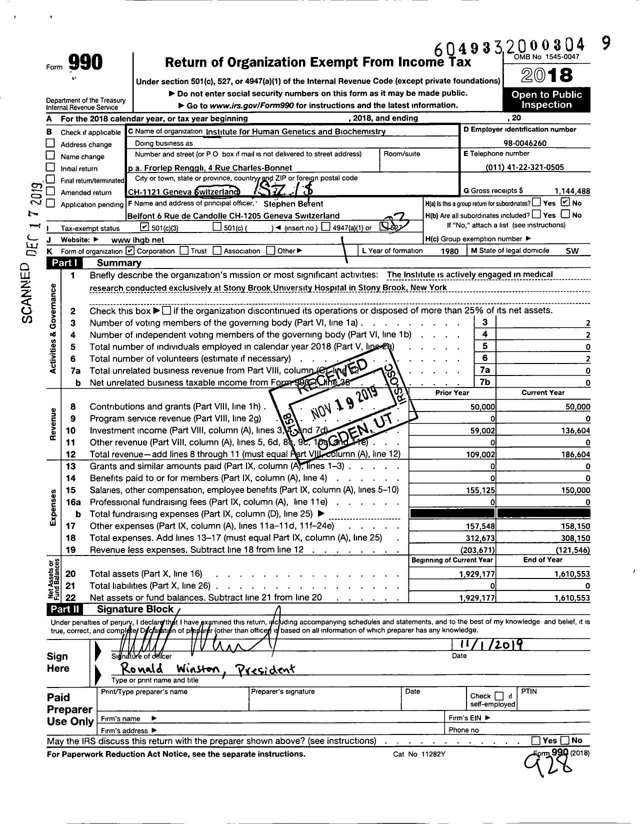 Image of first page of 2018 Form 990 for The Institute for Human Genetics and Biochemistry 12 Rue Du Mont-De