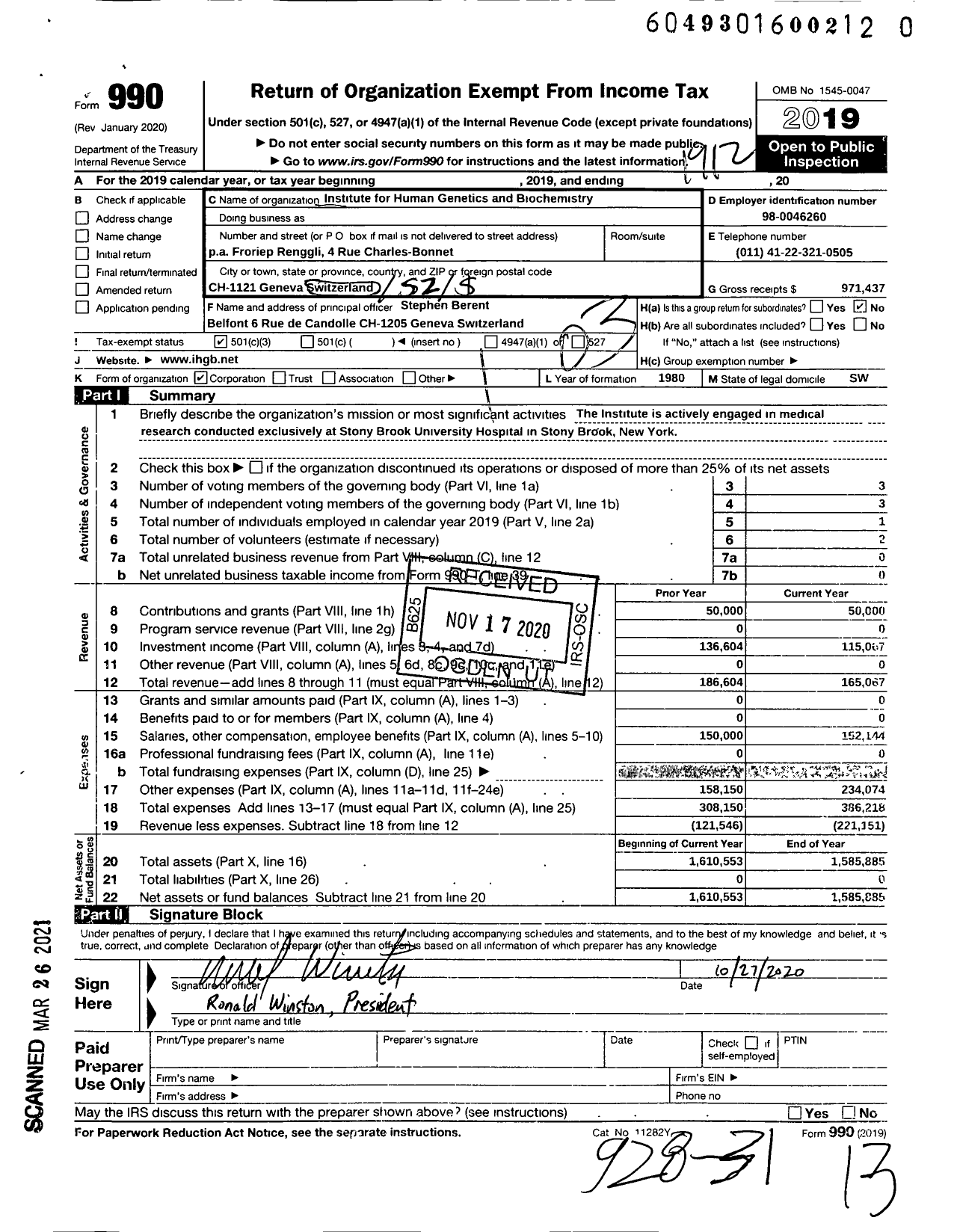 Image of first page of 2019 Form 990 for The Institute for Human Genetics and Biochemistry 12 Rue Du Mont-De