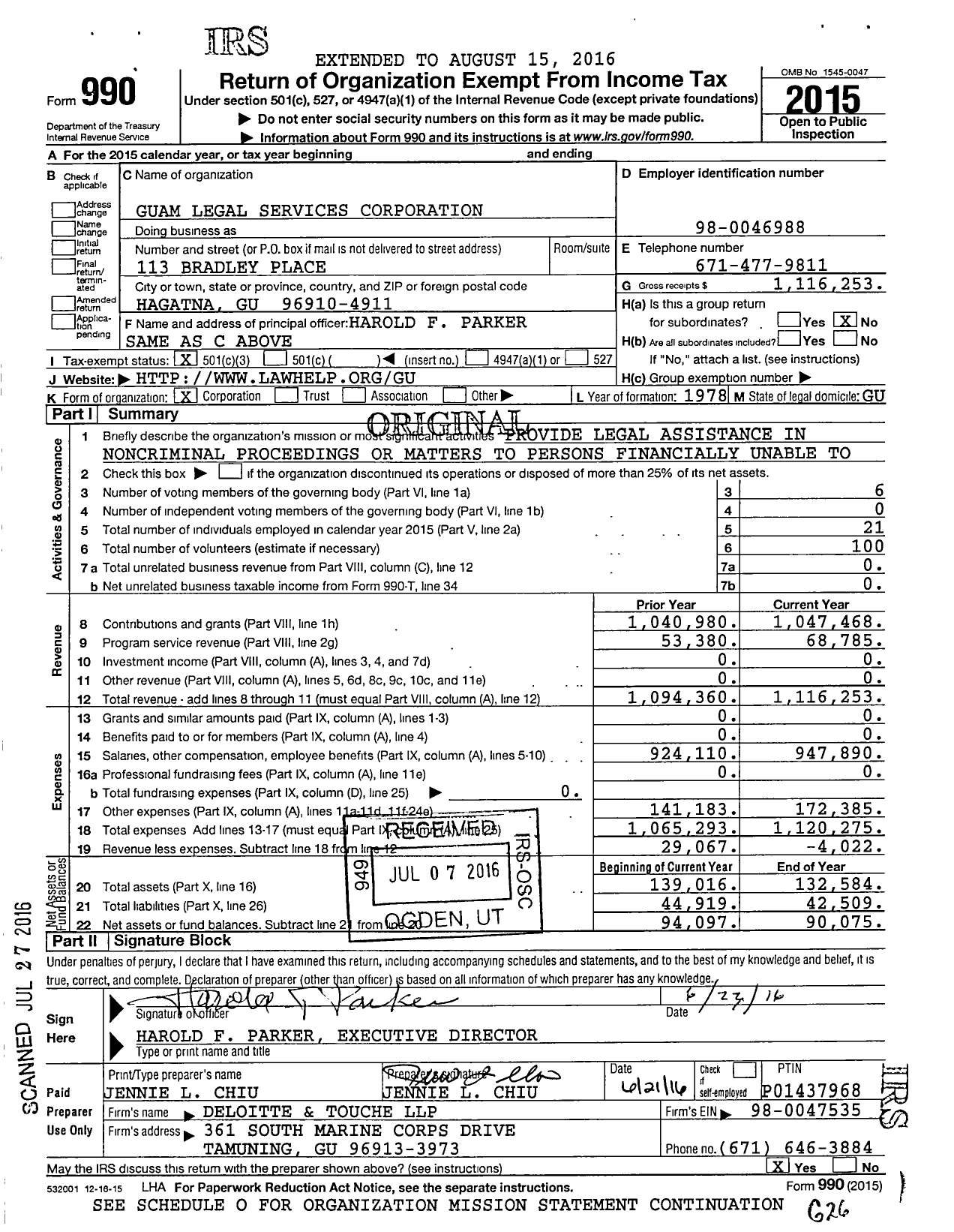 Image of first page of 2015 Form 990 for Guam Legal Services Corporation