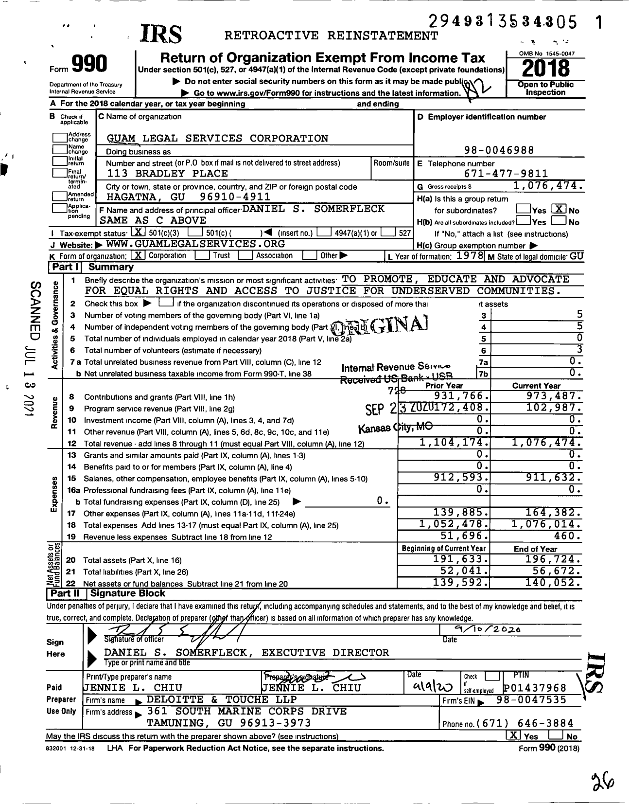 Image of first page of 2018 Form 990 for Guam Legal Services Corporation