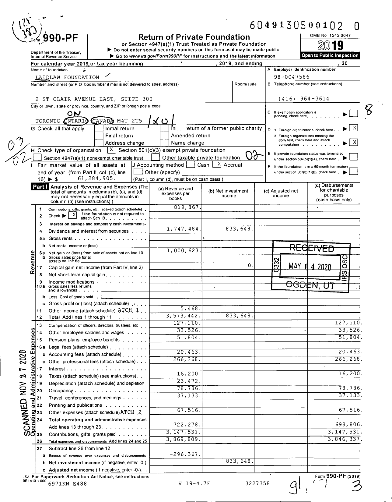 Image of first page of 2019 Form 990PF for Laidlaw Foundation