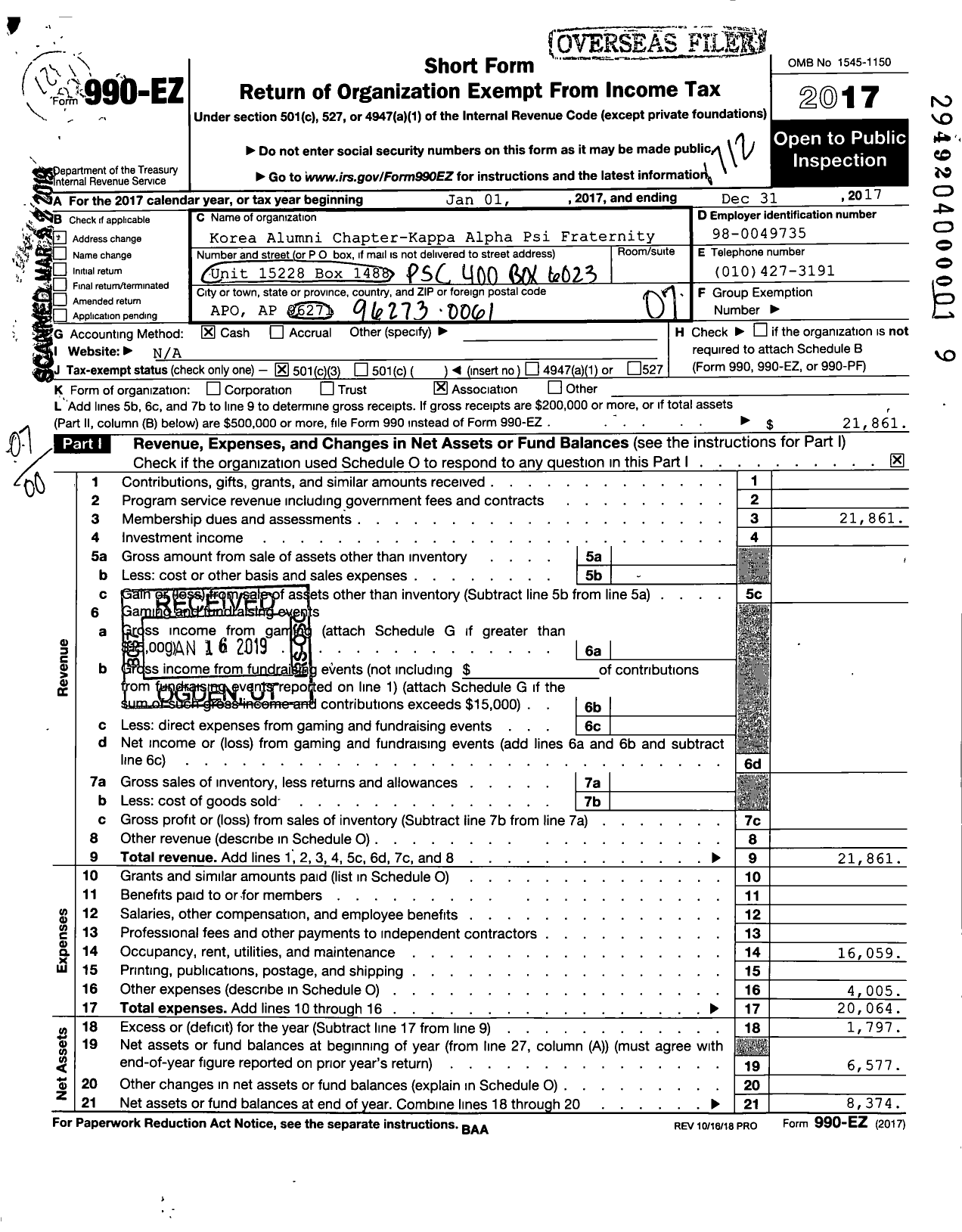 Image of first page of 2017 Form 990EO for Kappa Alpha Psi Fraternity / Korea Alumni