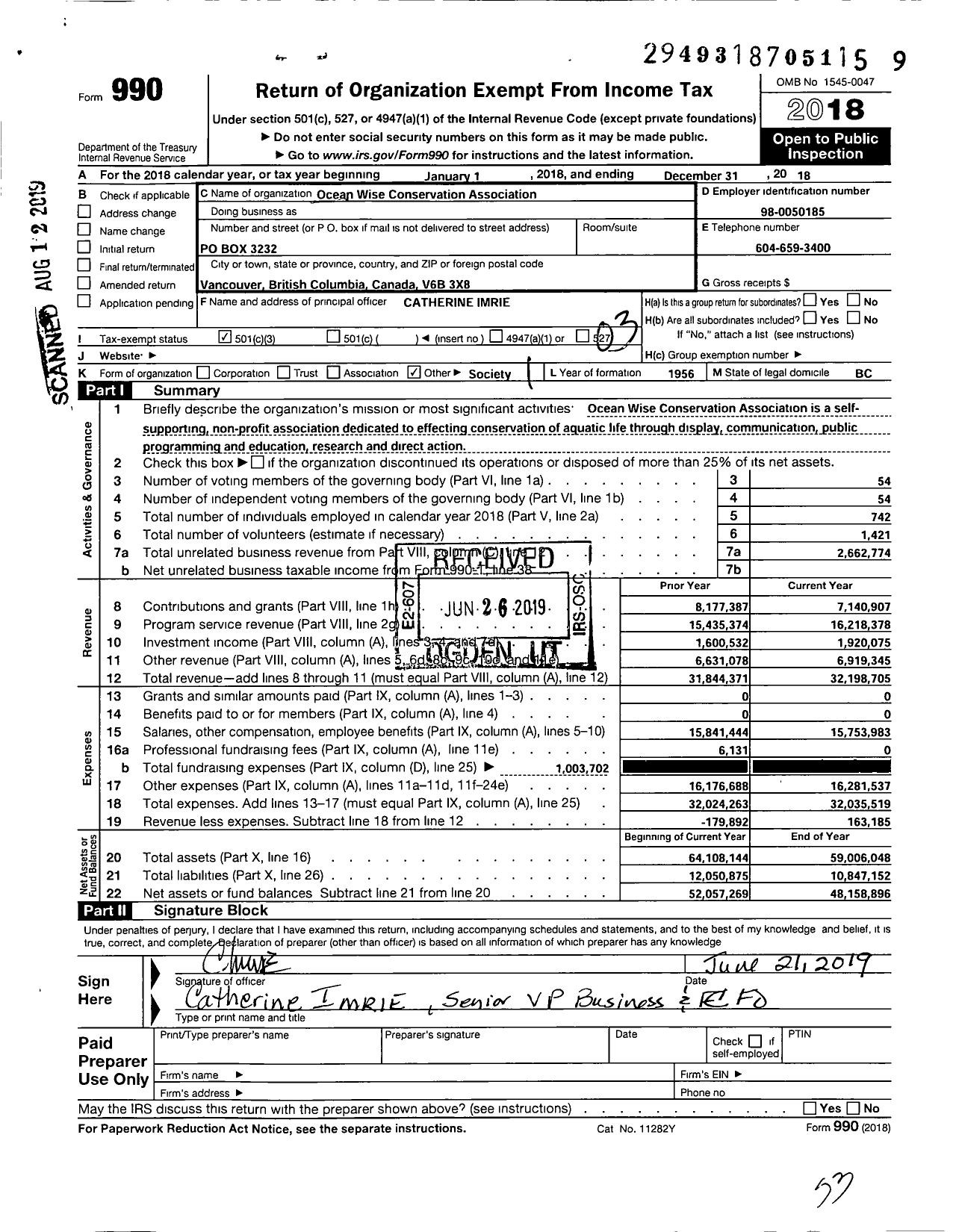 Image of first page of 2018 Form 990 for Vancouver Aquarium Marine Science Centre