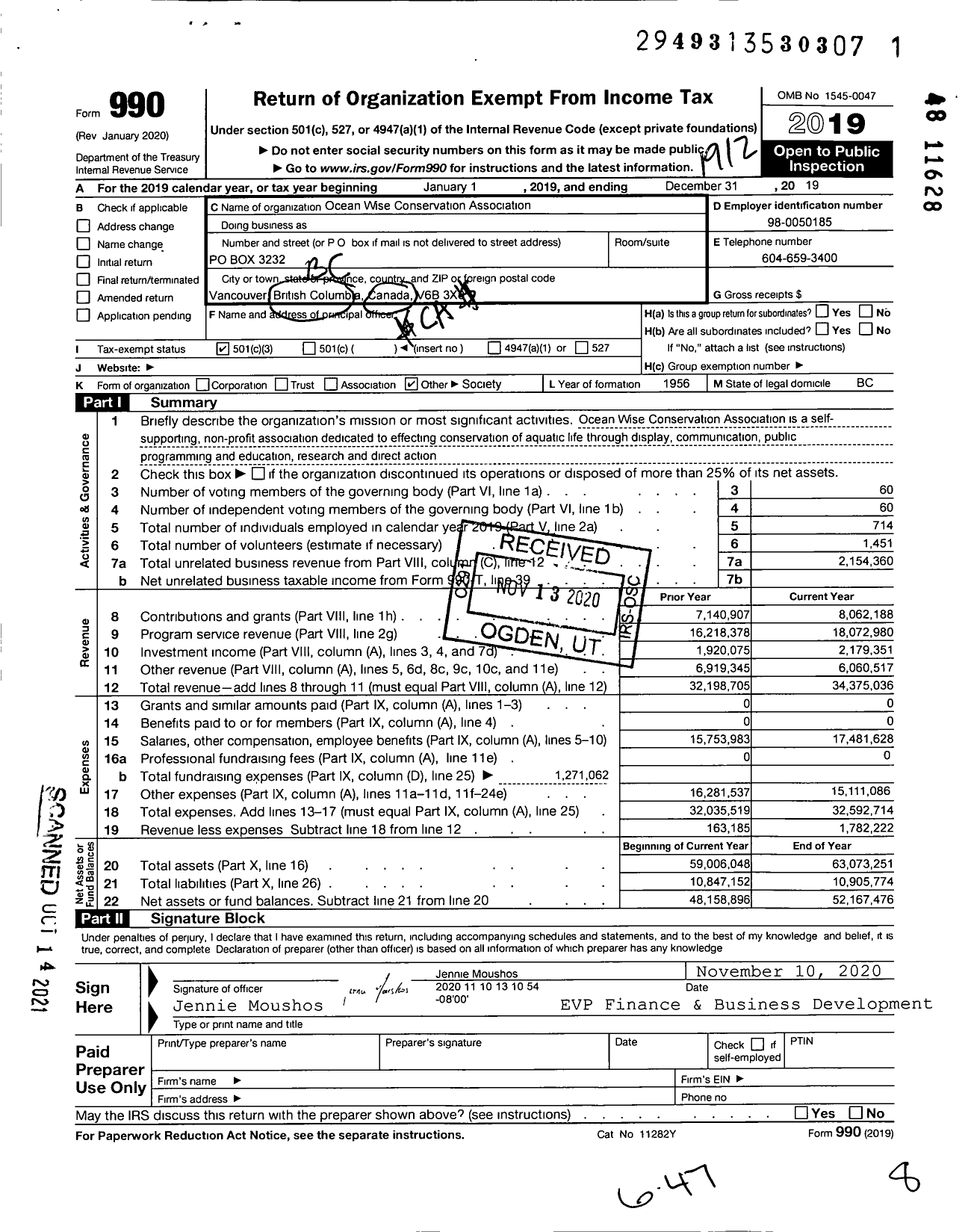 Image of first page of 2019 Form 990 for Vancouver Aquarium Marine Science Centre