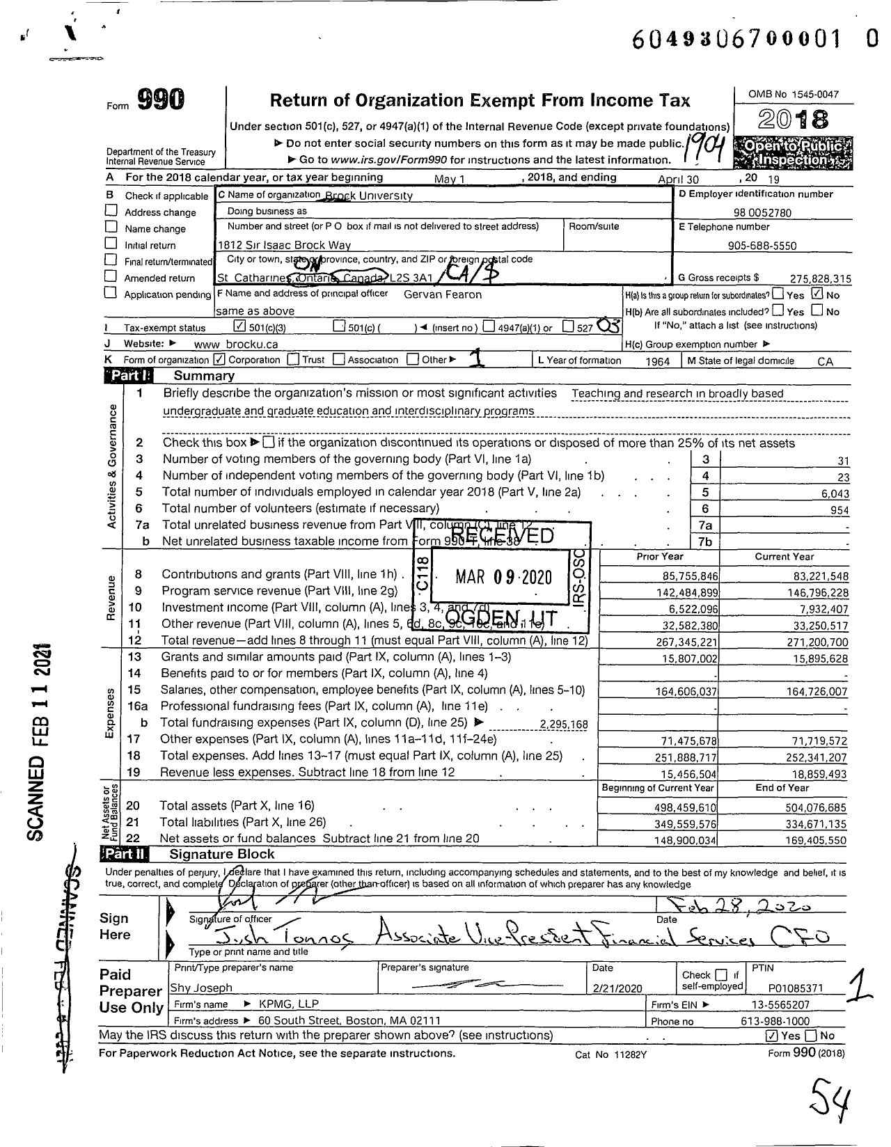 Image of first page of 2018 Form 990 for Brock University