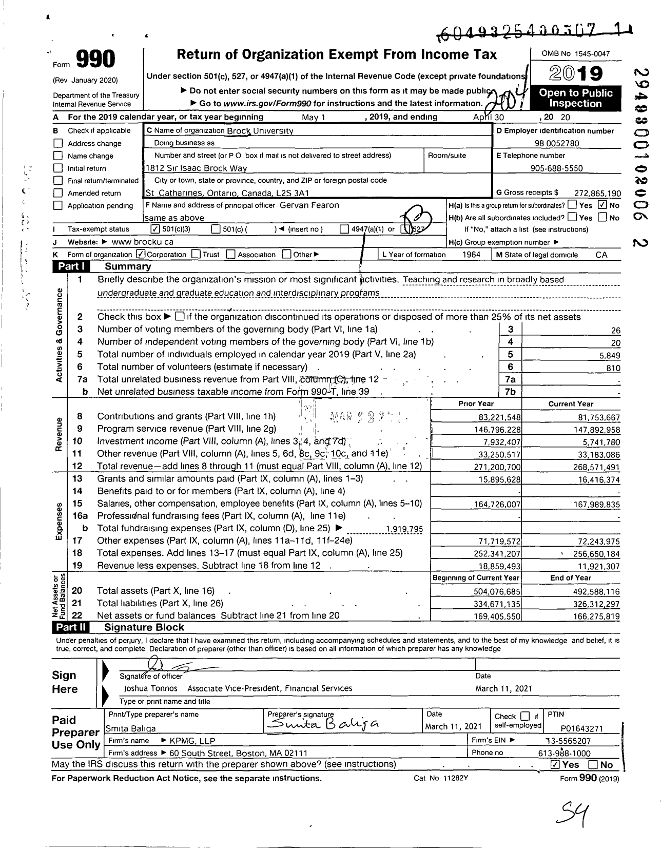 Image of first page of 2019 Form 990 for Brock University