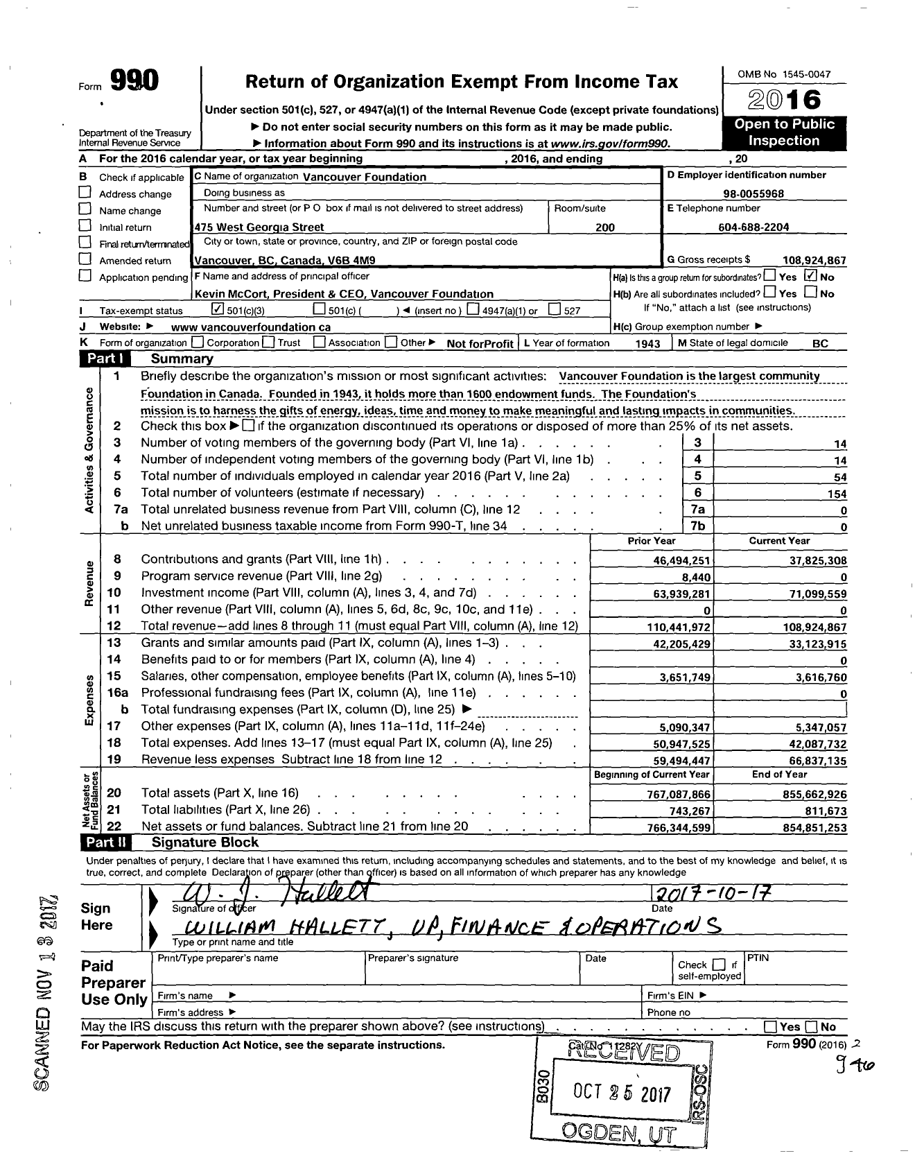 Image of first page of 2016 Form 990 for Vancouver Foundation