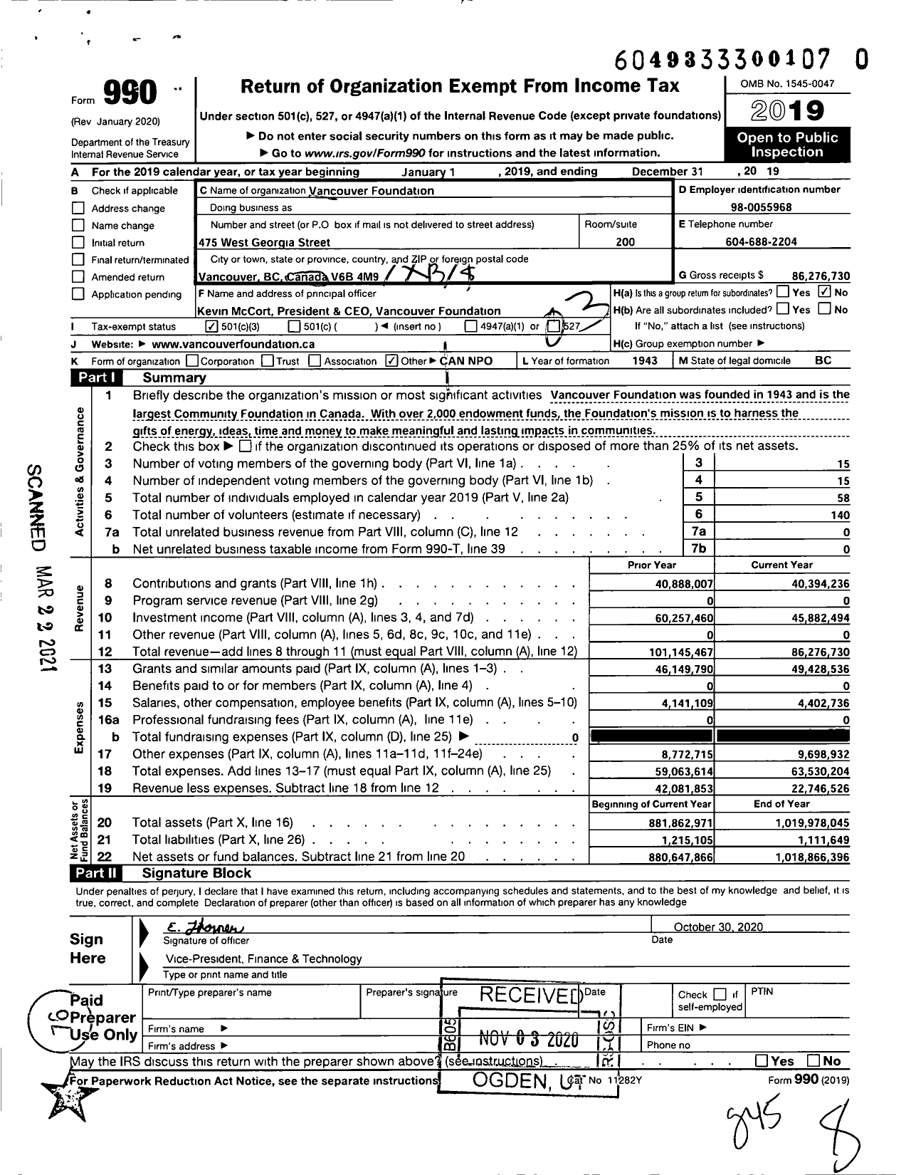 Image of first page of 2019 Form 990 for Vancouver Foundation