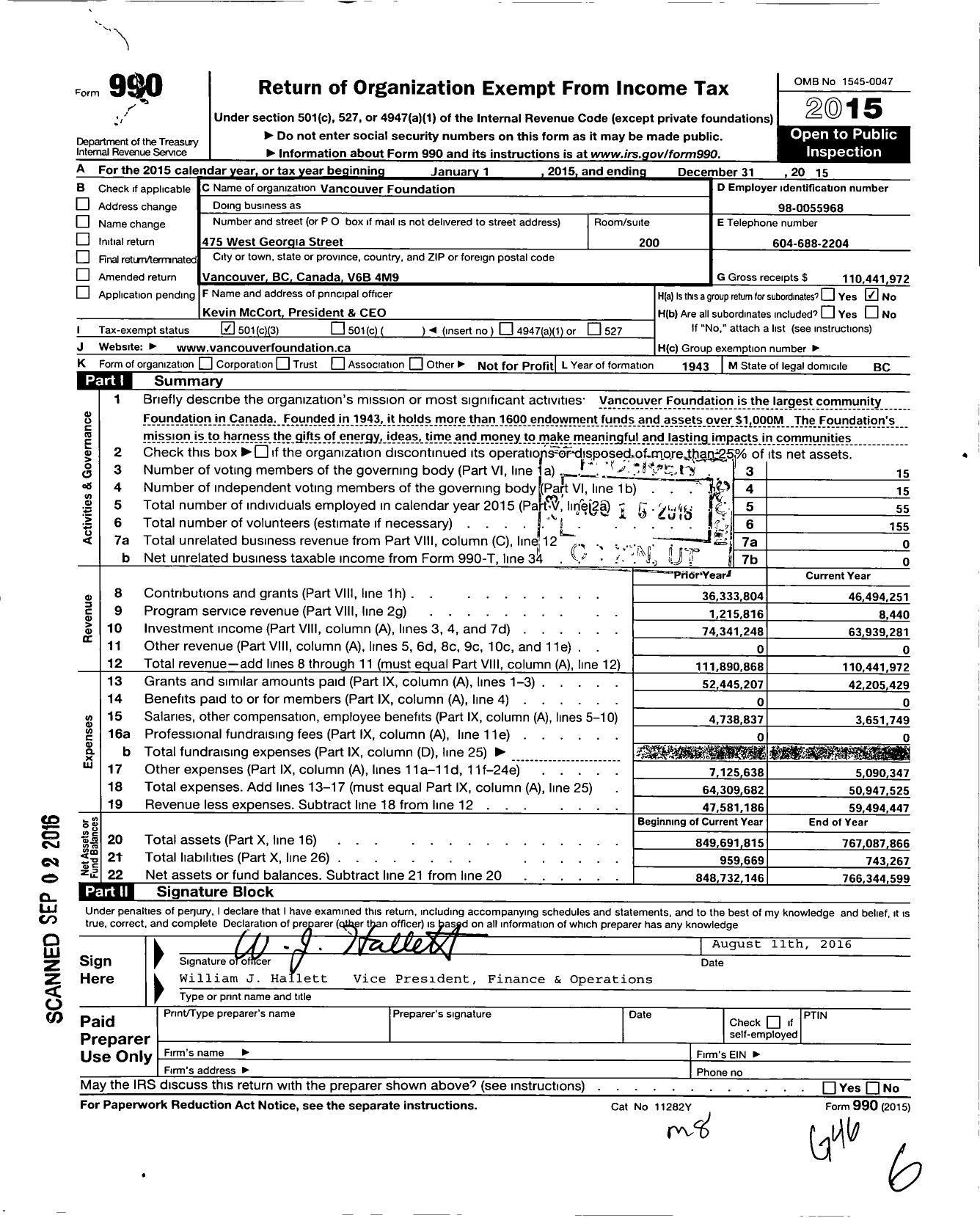 Image of first page of 2015 Form 990 for Vancouver Foundation