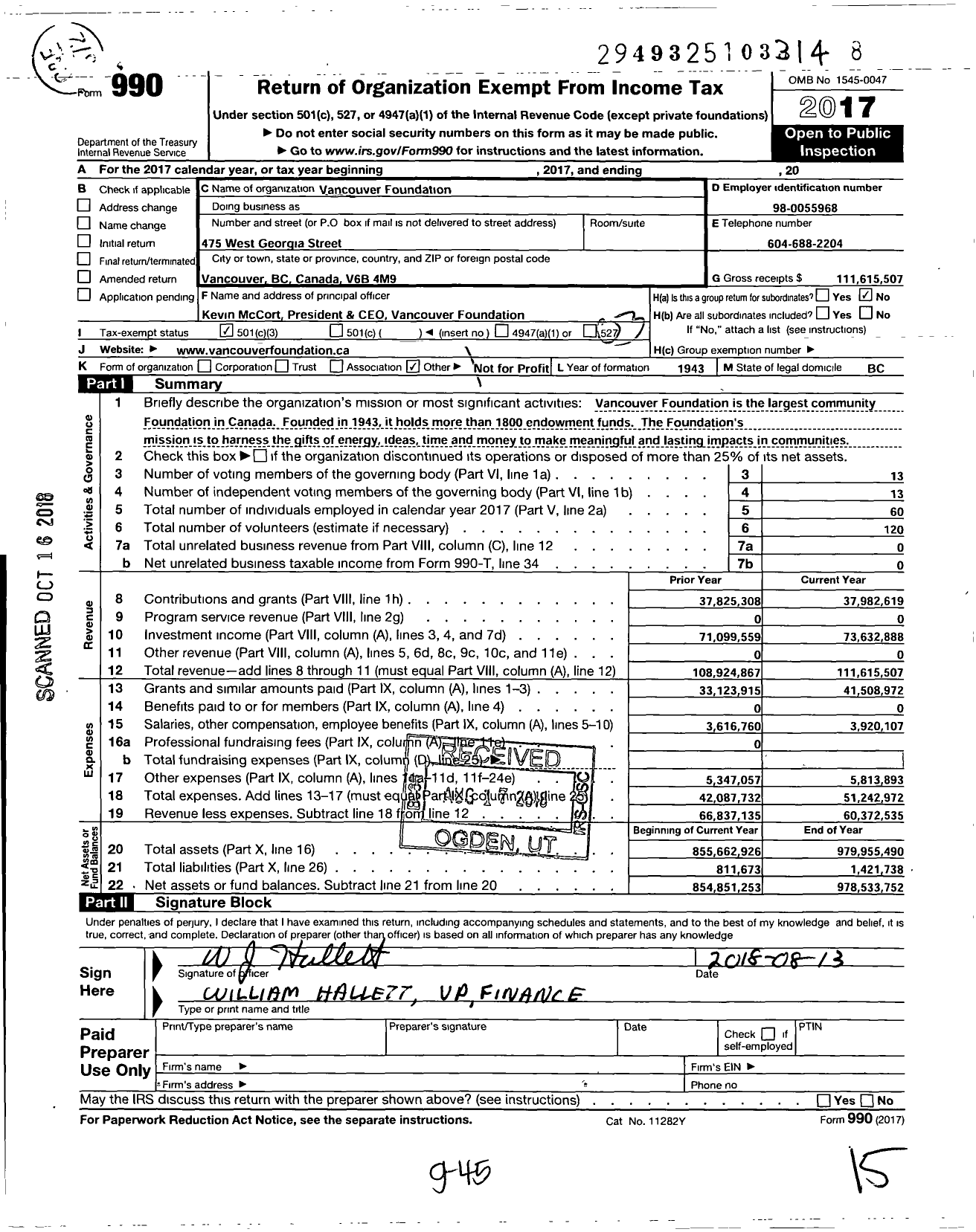 Image of first page of 2017 Form 990 for Vancouver Foundation
