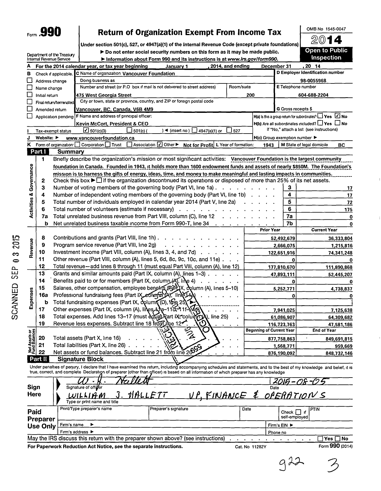 Image of first page of 2014 Form 990 for Vancouver Foundation