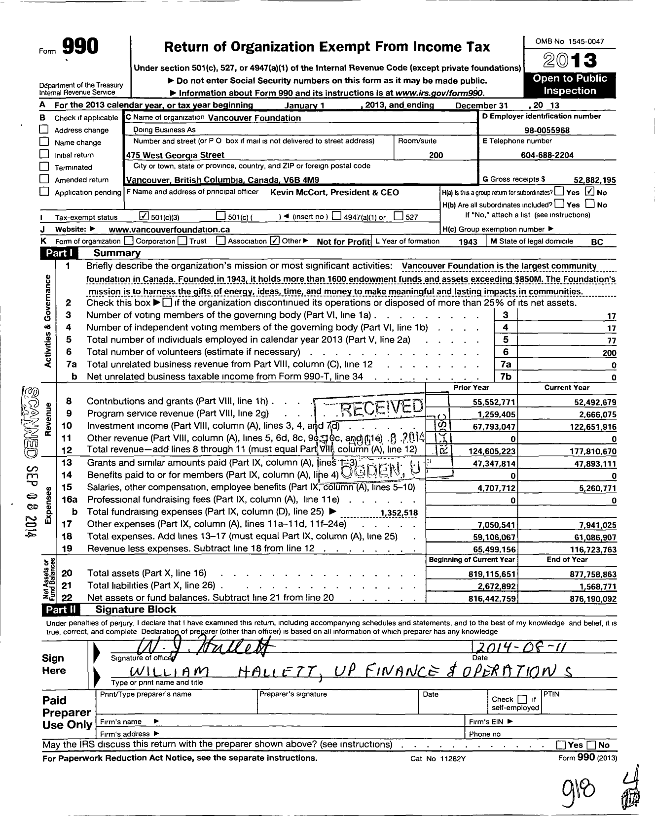 Image of first page of 2013 Form 990 for Vancouver Foundation