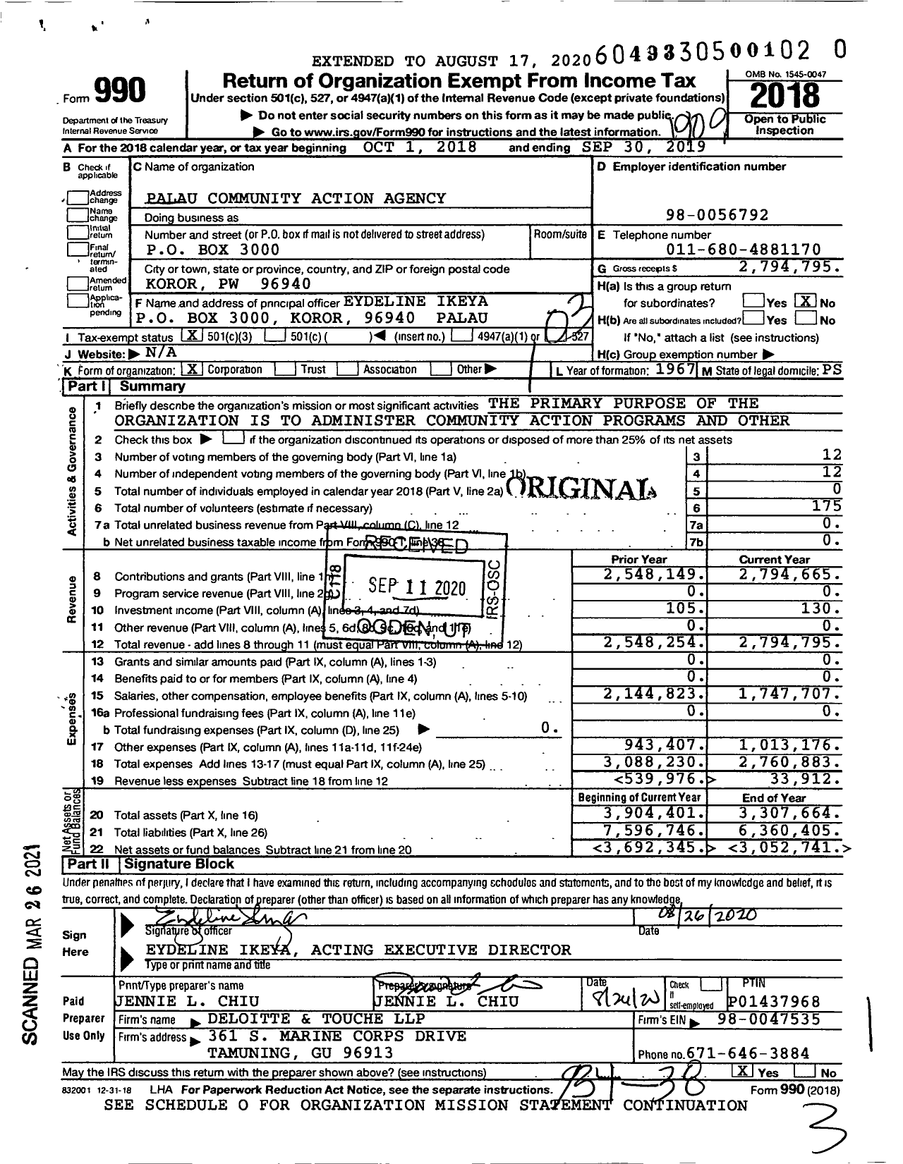 Image of first page of 2018 Form 990 for Palau Community Action Agency