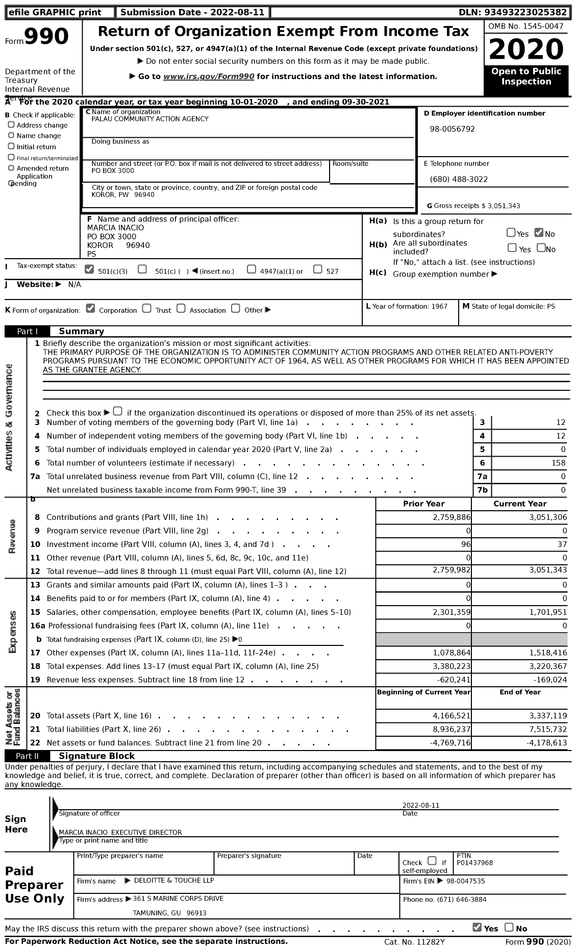 Image of first page of 2020 Form 990 for Palau Community Action Agency