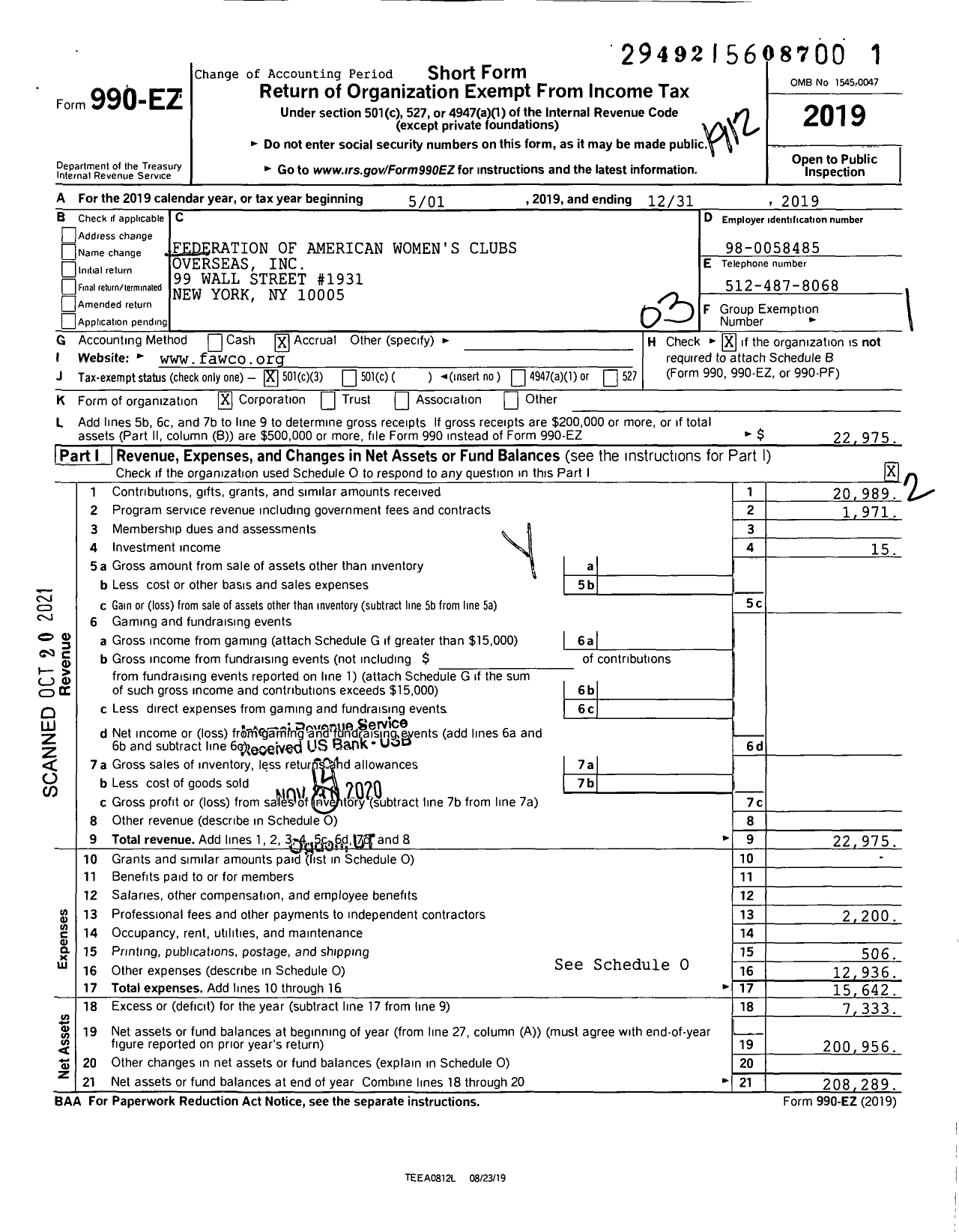 Image of first page of 2019 Form 990EZ for Federation of American Womens Clubs Overseas