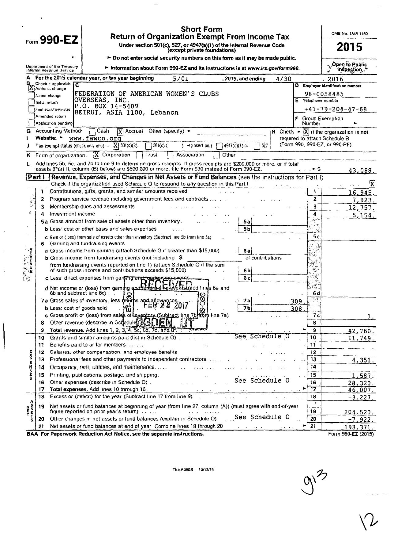 Image of first page of 2015 Form 990EZ for Federation of American Womens Clubs Overseas