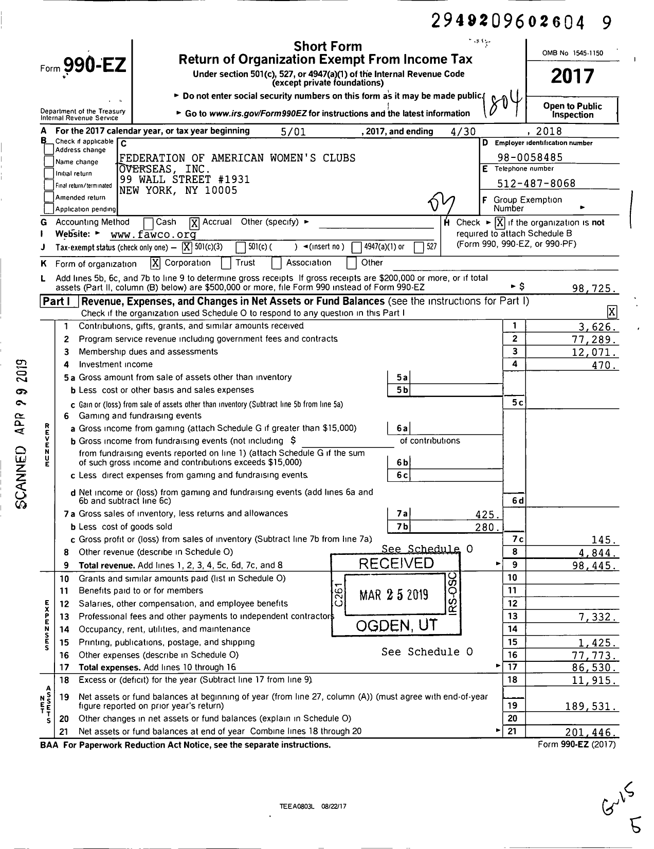 Image of first page of 2017 Form 990EZ for Federation of American Womens Clubs Overseas