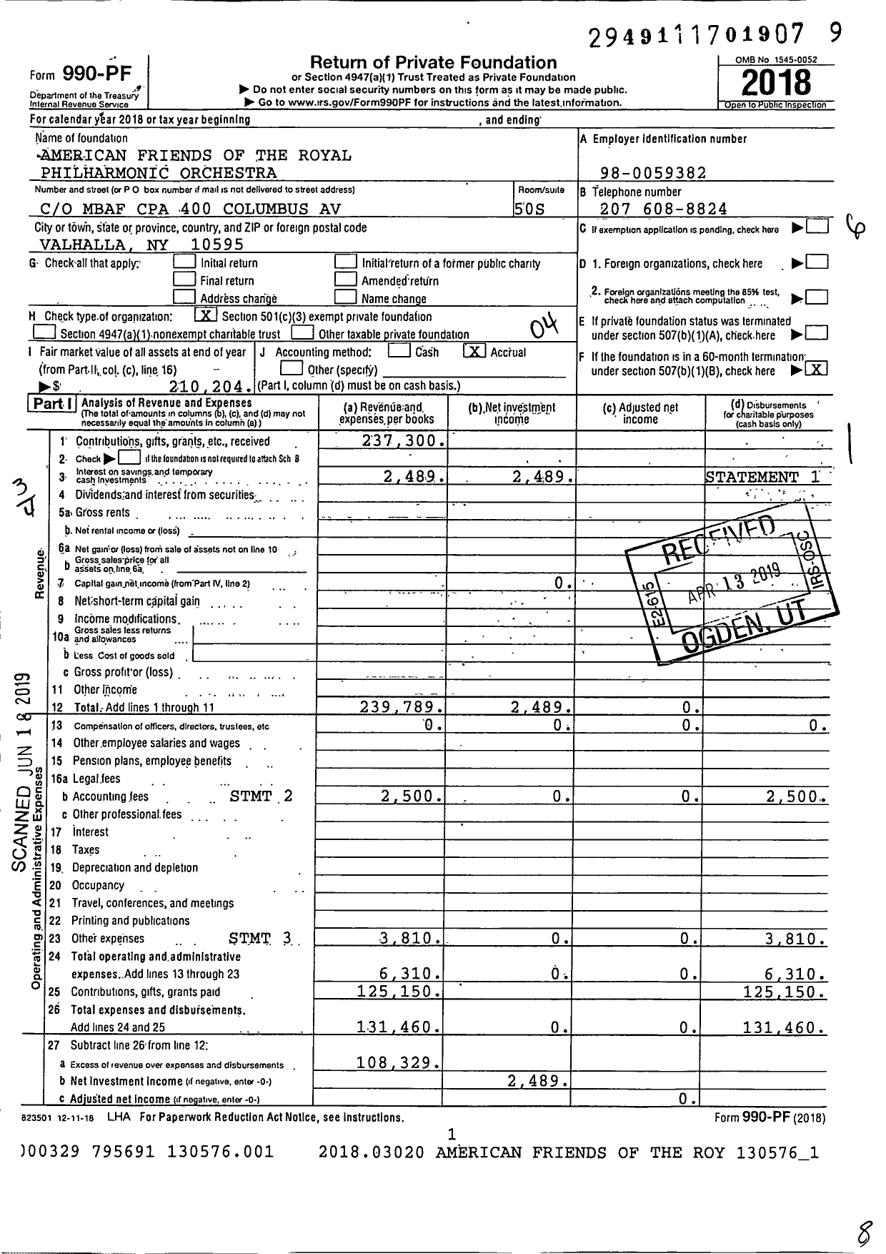 Image of first page of 2018 Form 990PF for American Friends of the Royal Philharmonic Orchestra