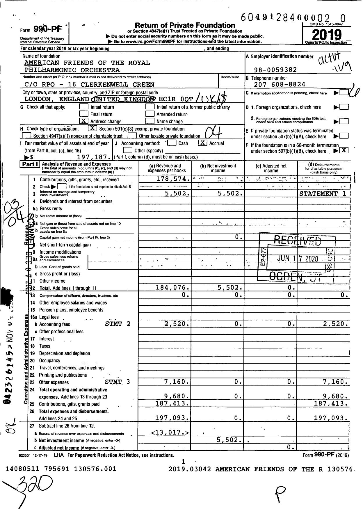 Image of first page of 2019 Form 990PF for American Friends of the Royal Philharmonic Orchestra