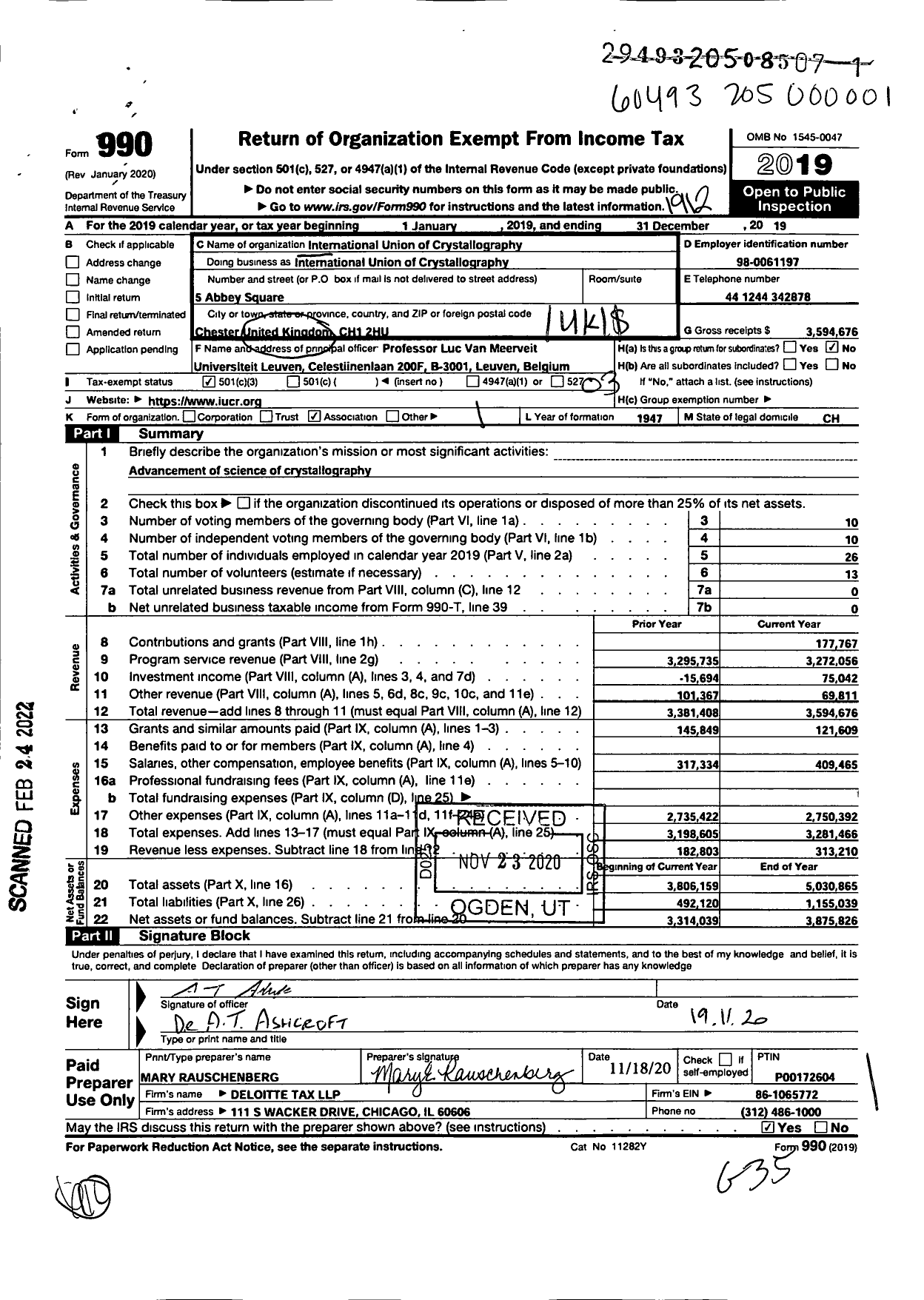 Image of first page of 2019 Form 990 for International Union of Crystallography