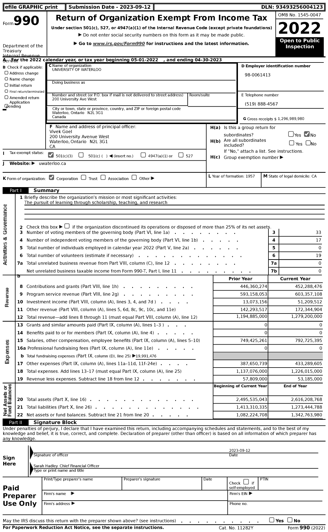 Image of first page of 2022 Form 990 for University of Waterloo