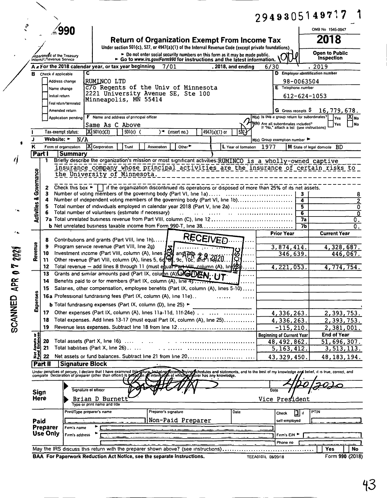 Image of first page of 2018 Form 990 for Ruminco