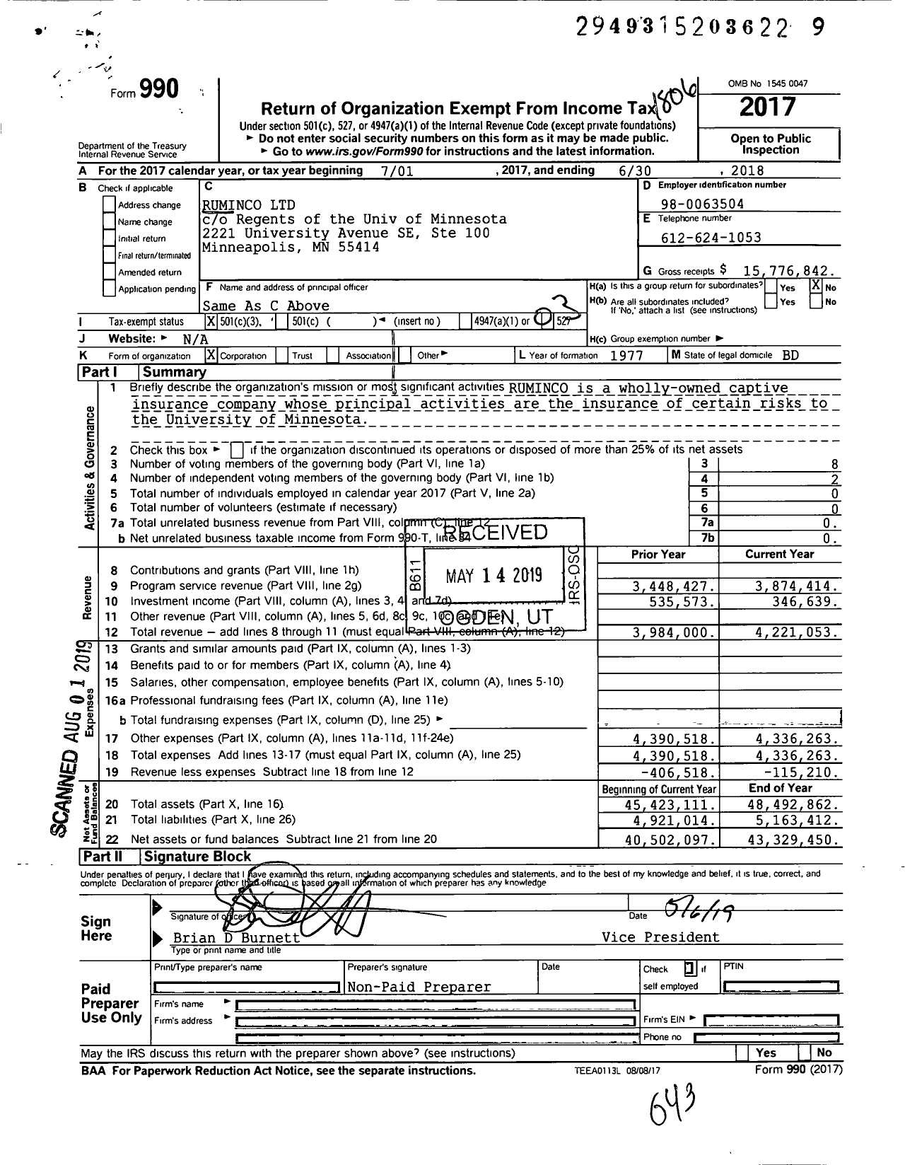 Image of first page of 2017 Form 990 for Ruminco