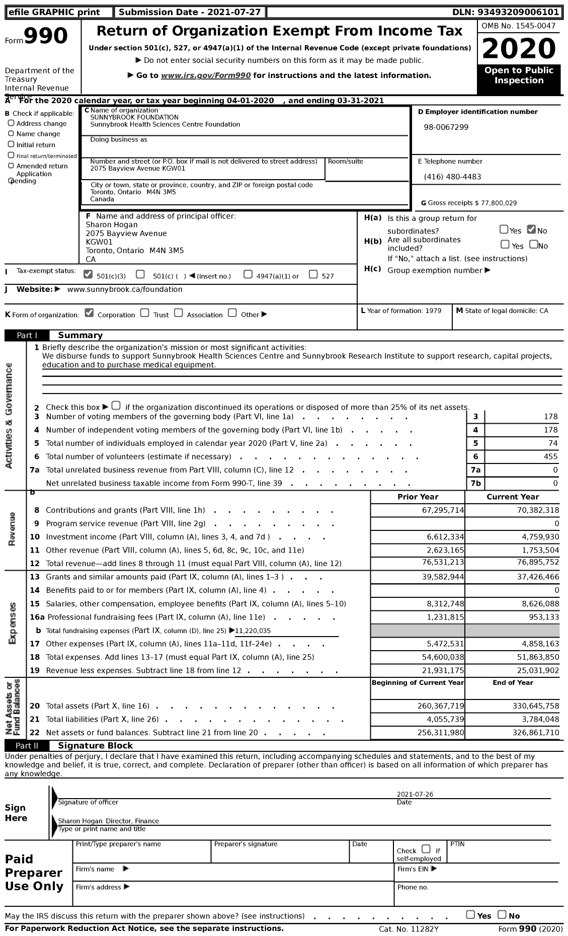 Image of first page of 2020 Form 990 for SUNNYBROOK Foundation