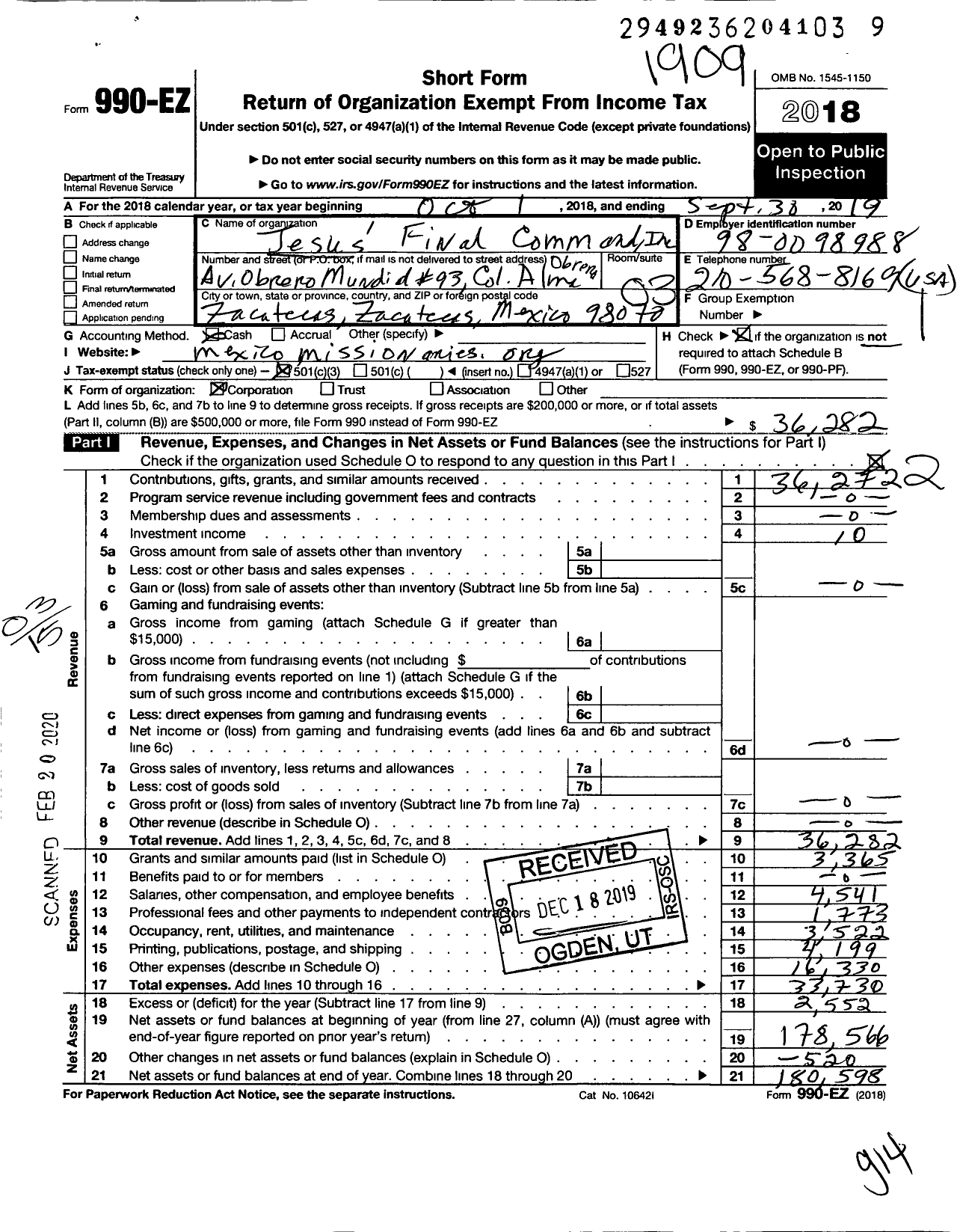 Image of first page of 2018 Form 990EZ for Jesus Final Command