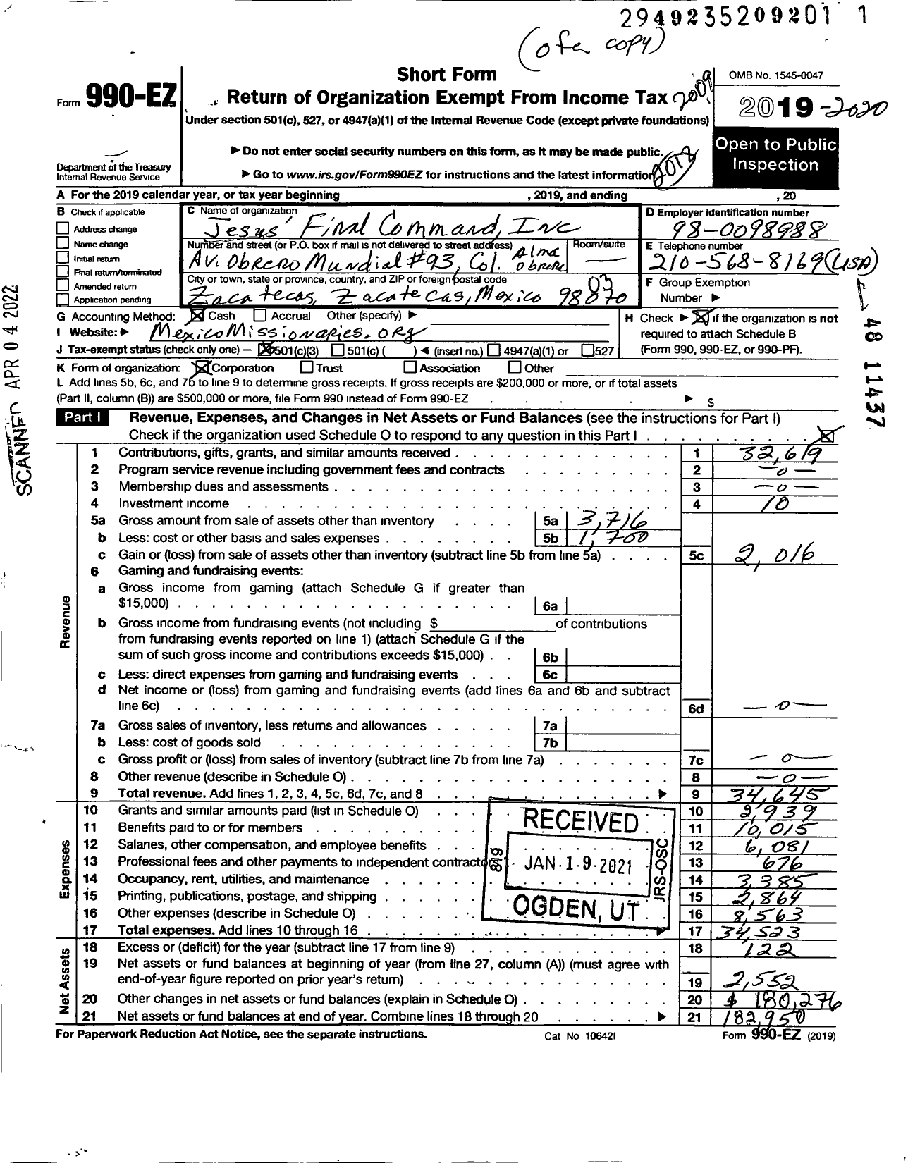 Image of first page of 2019 Form 990EZ for Jesus Final Command