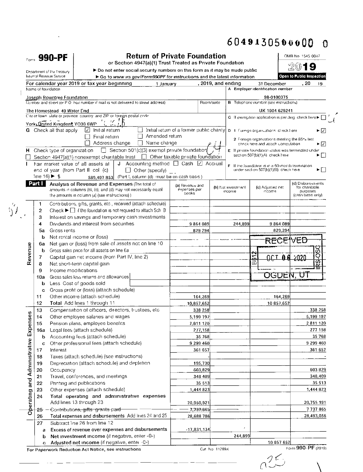 Image of first page of 2019 Form 990PF for Joseph Rowntree Foundation (JRF)