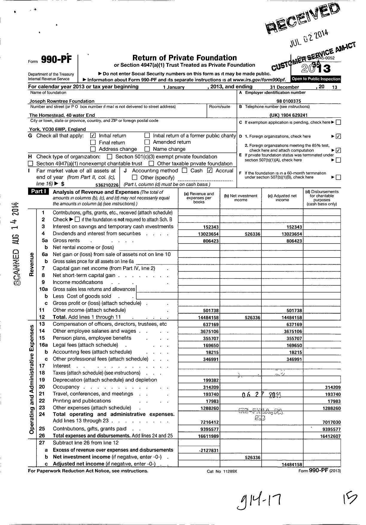 Image of first page of 2013 Form 990PF for Joseph Rowntree Foundation (JRF)