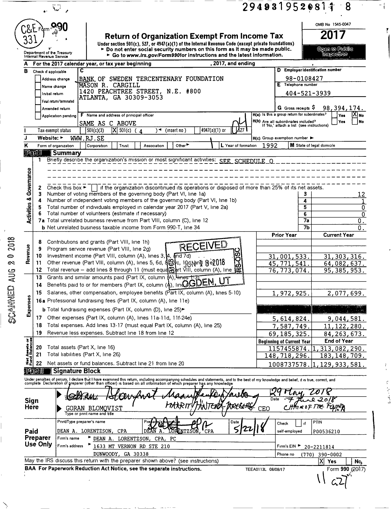 Image of first page of 2017 Form 990O for Bank of Sweden Tercentenary Foundation