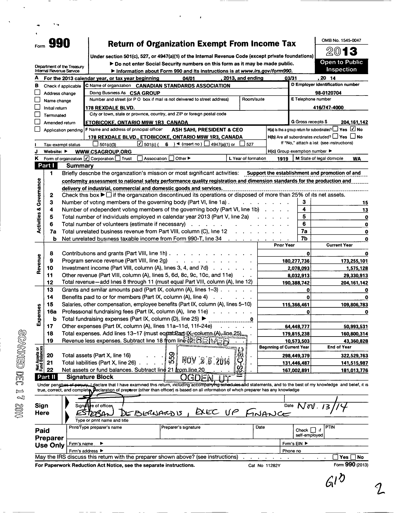 Image of first page of 2013 Form 990O for CSA Group