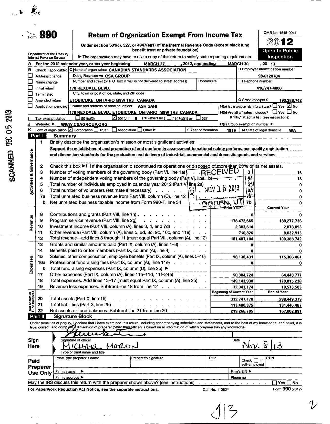Image of first page of 2012 Form 990O for CSA Group