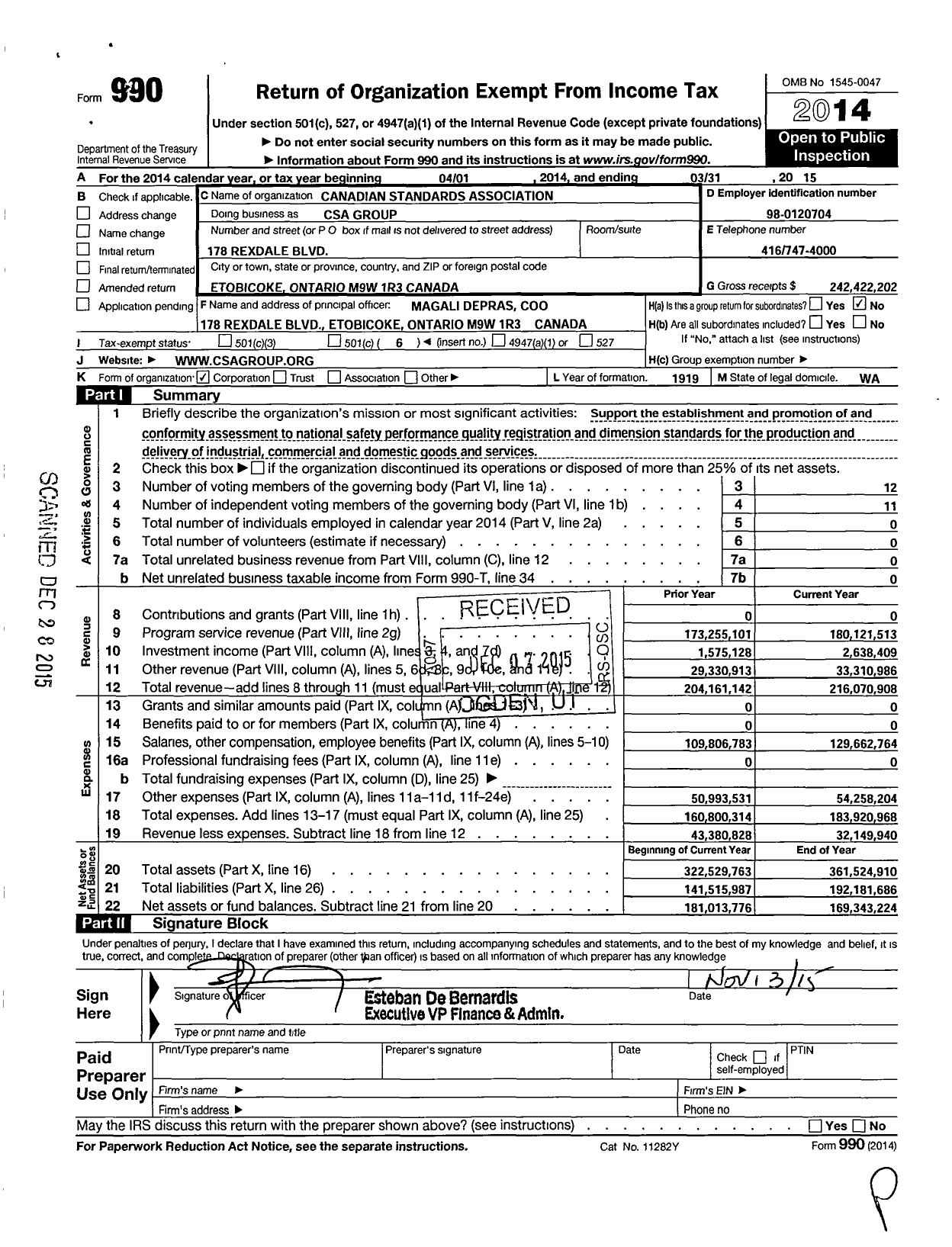 Image of first page of 2014 Form 990O for CSA Group