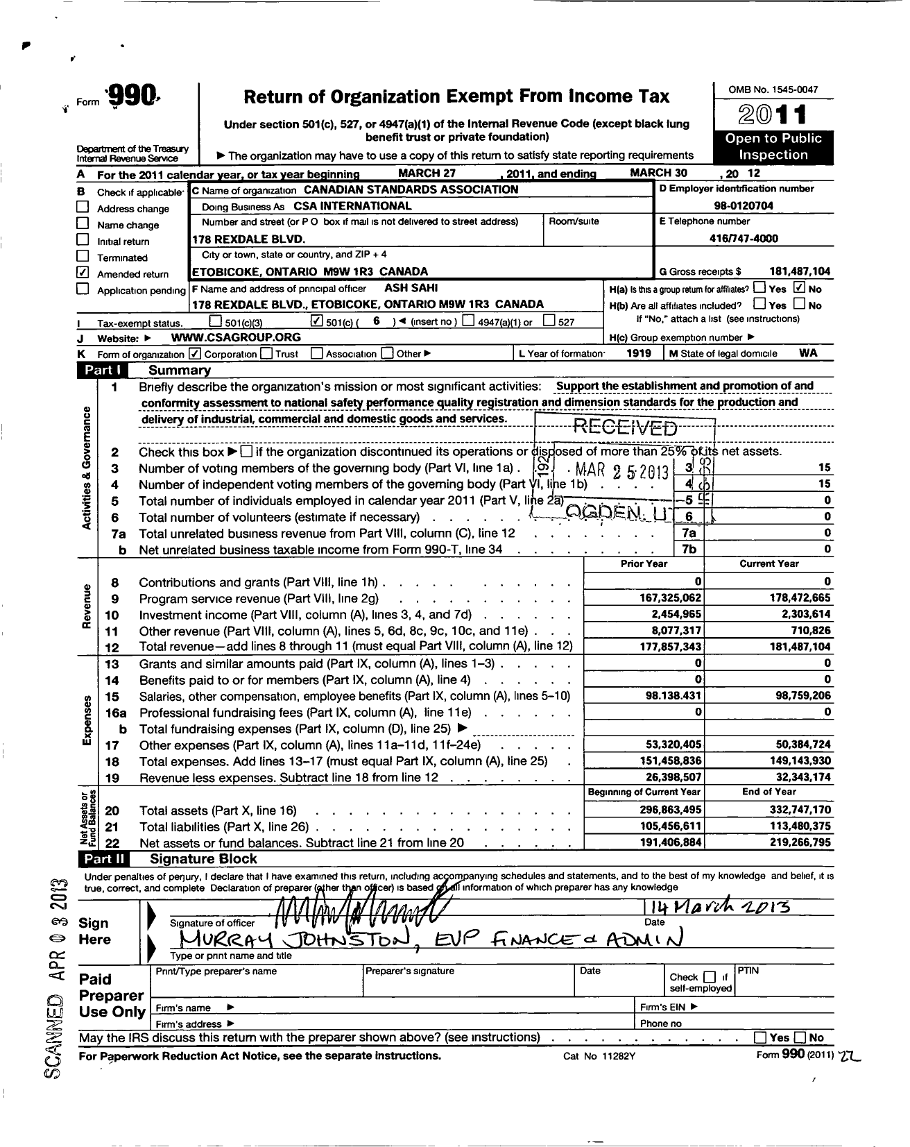 Image of first page of 2011 Form 990O for CSA Group