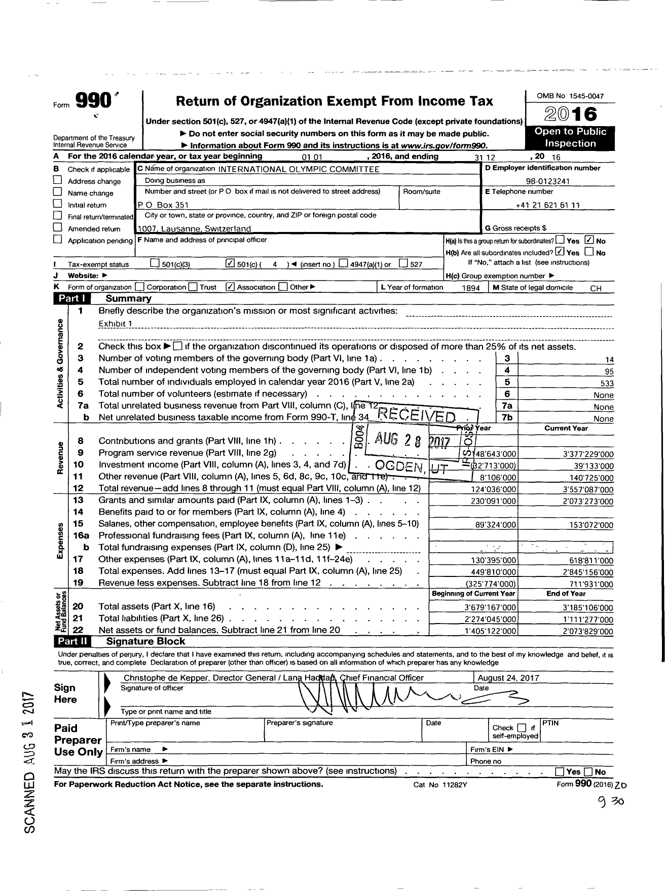 Image of first page of 2016 Form 990O for International Olympic Committee