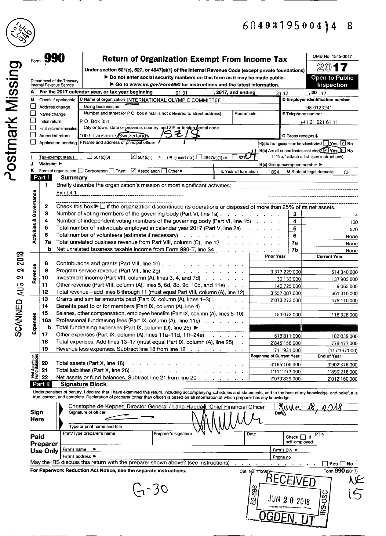 Image of first page of 2017 Form 990O for International Olympic Committee