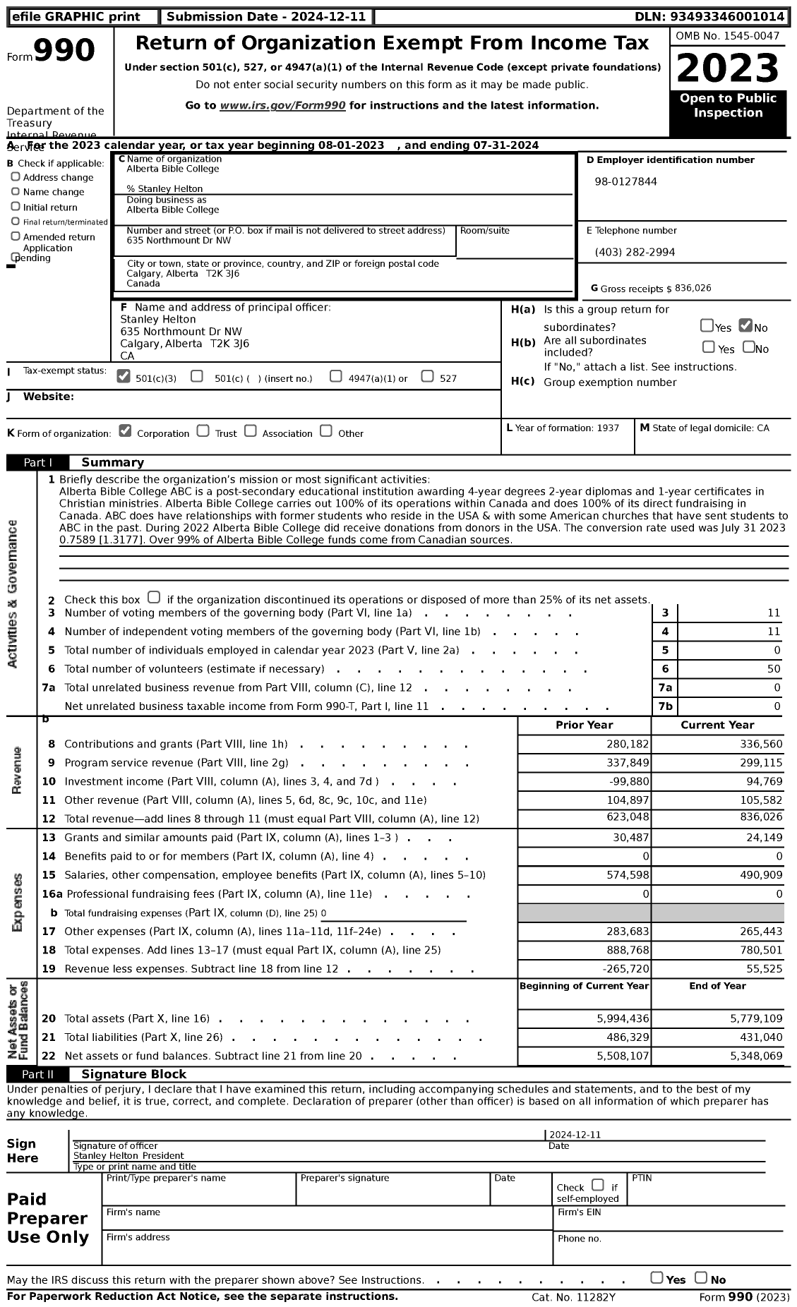 Image of first page of 2023 Form 990 for Alberta Bible College