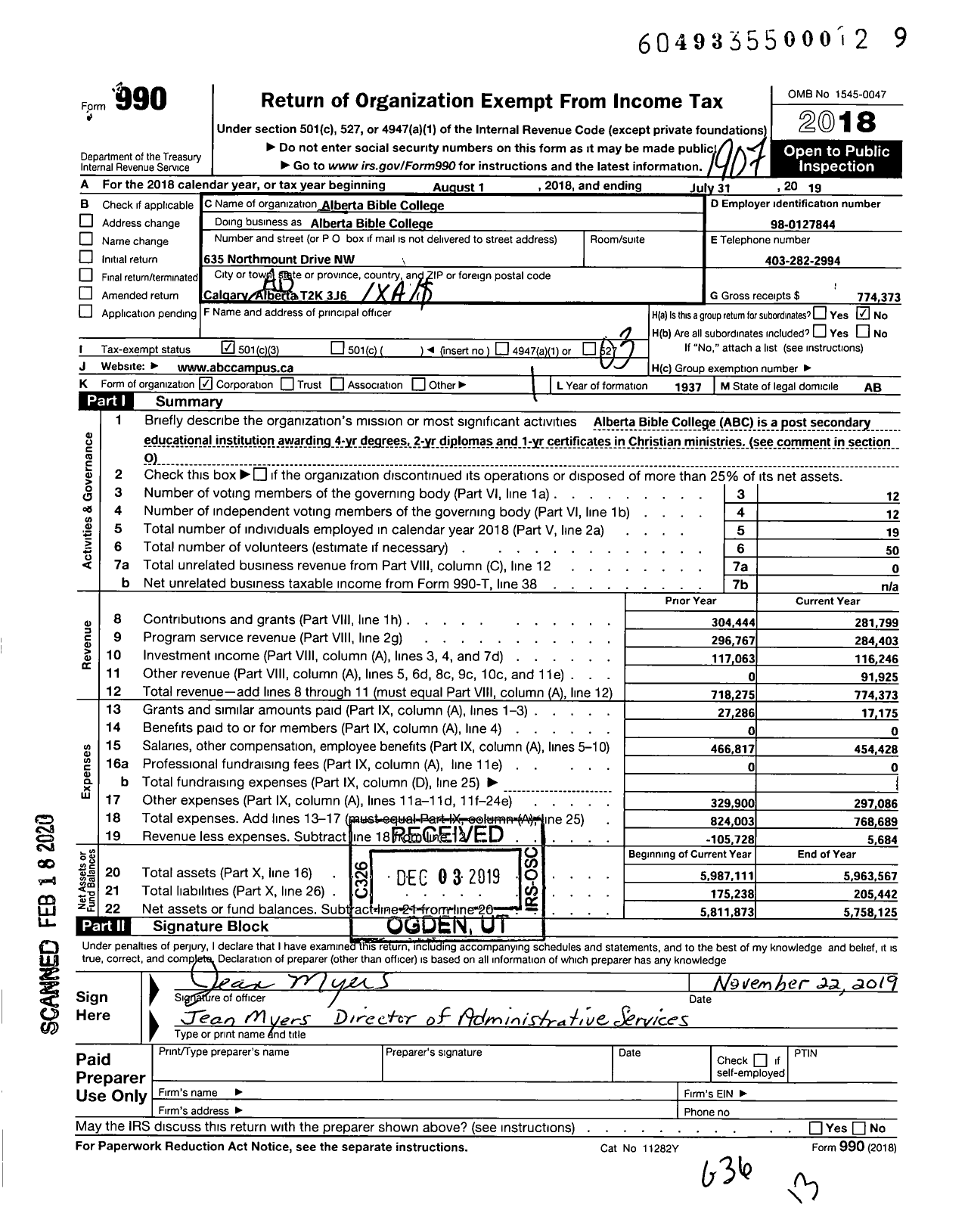 Image of first page of 2018 Form 990 for Alberta Bible College