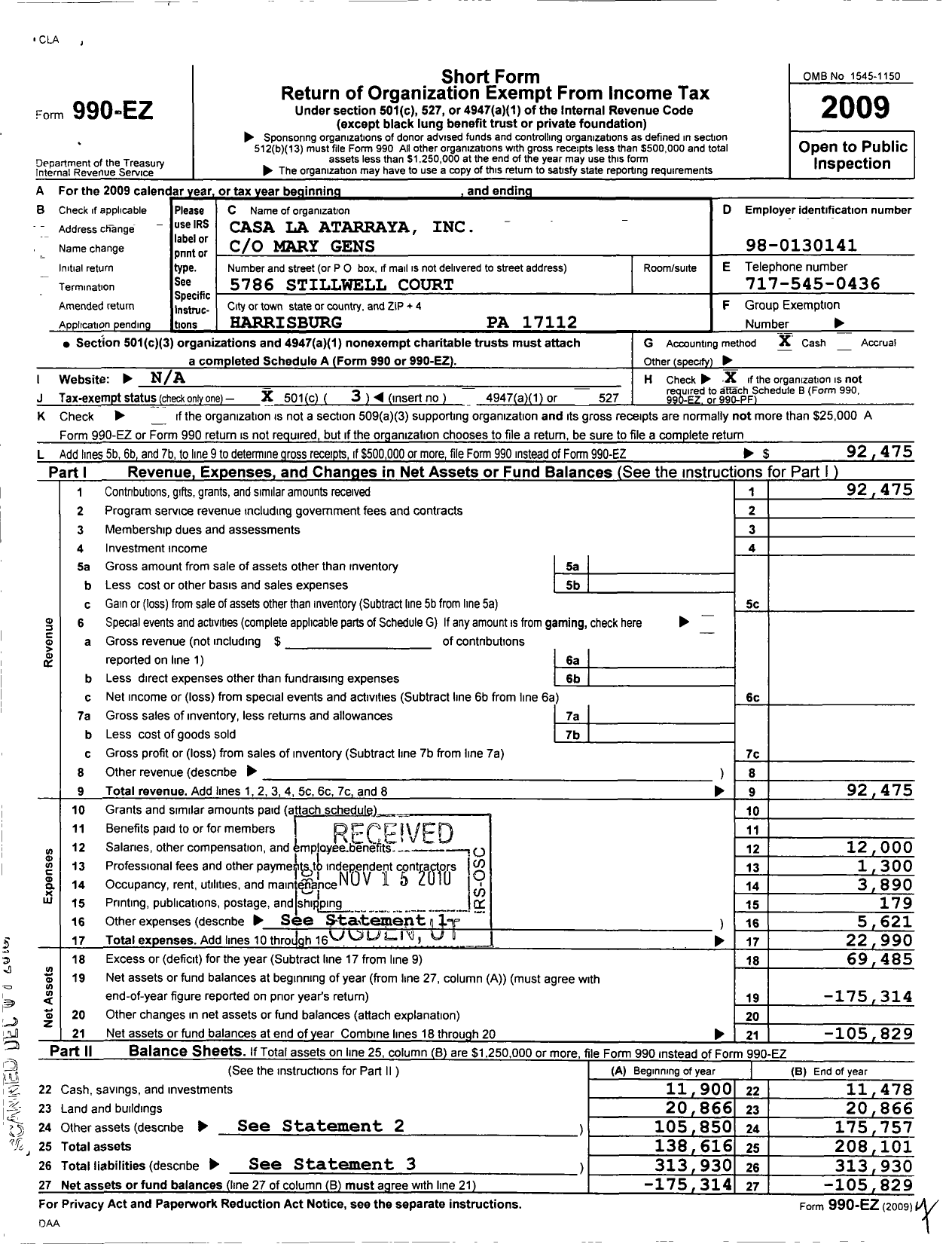 Image of first page of 2009 Form 990EZ for Casa La Atarraya