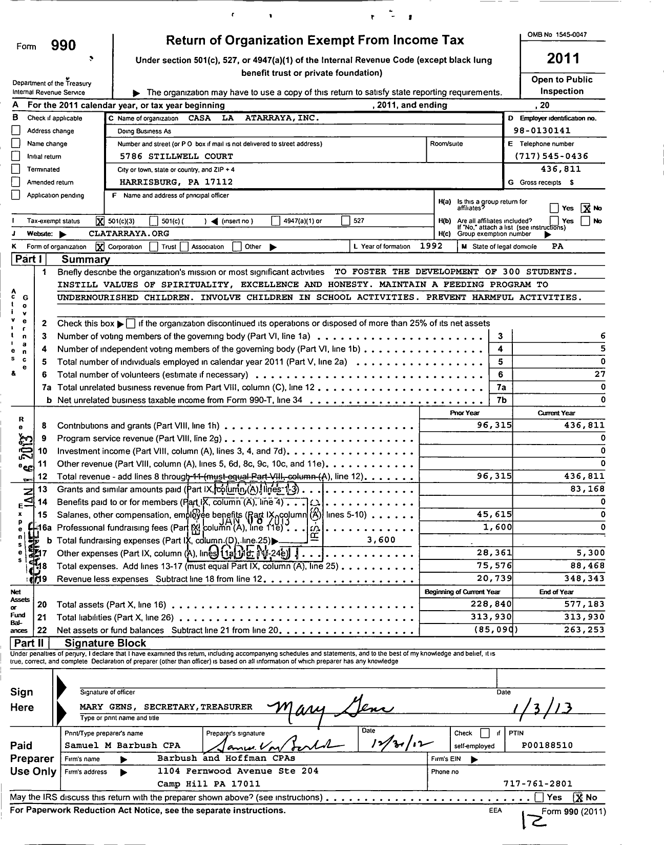 Image of first page of 2011 Form 990 for Casa La Atarraya