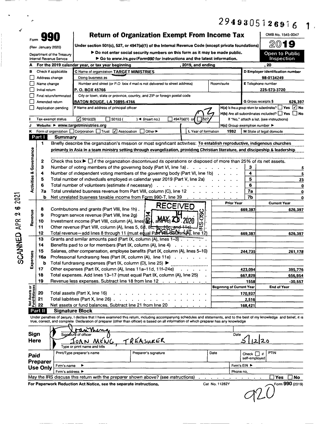 Image of first page of 2019 Form 990 for Target Ministries