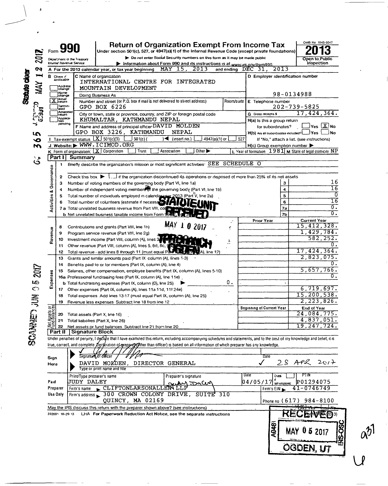 Image of first page of 2013 Form 990 for International Centre for Integrated Mountain Development (ICIMOD)