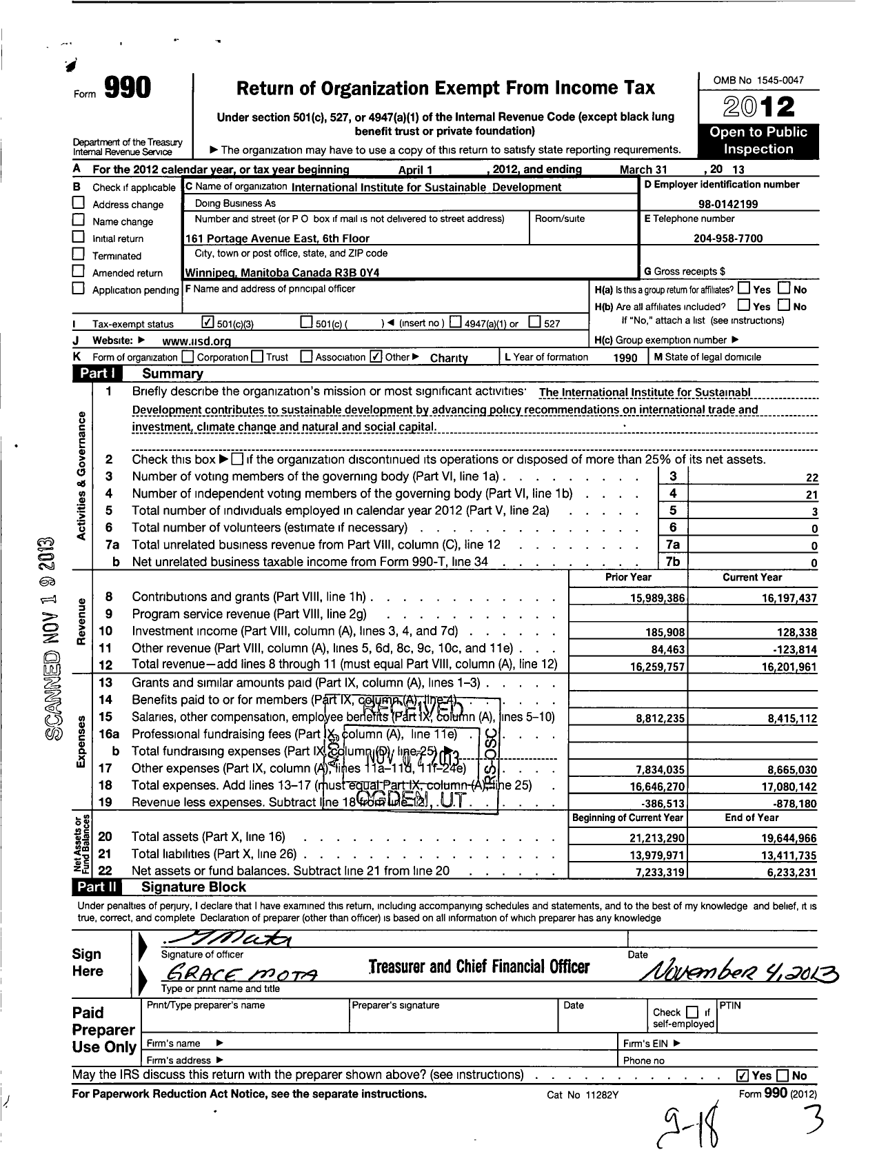 Image of first page of 2012 Form 990 for International Institute for Sustainable Development (IISD)