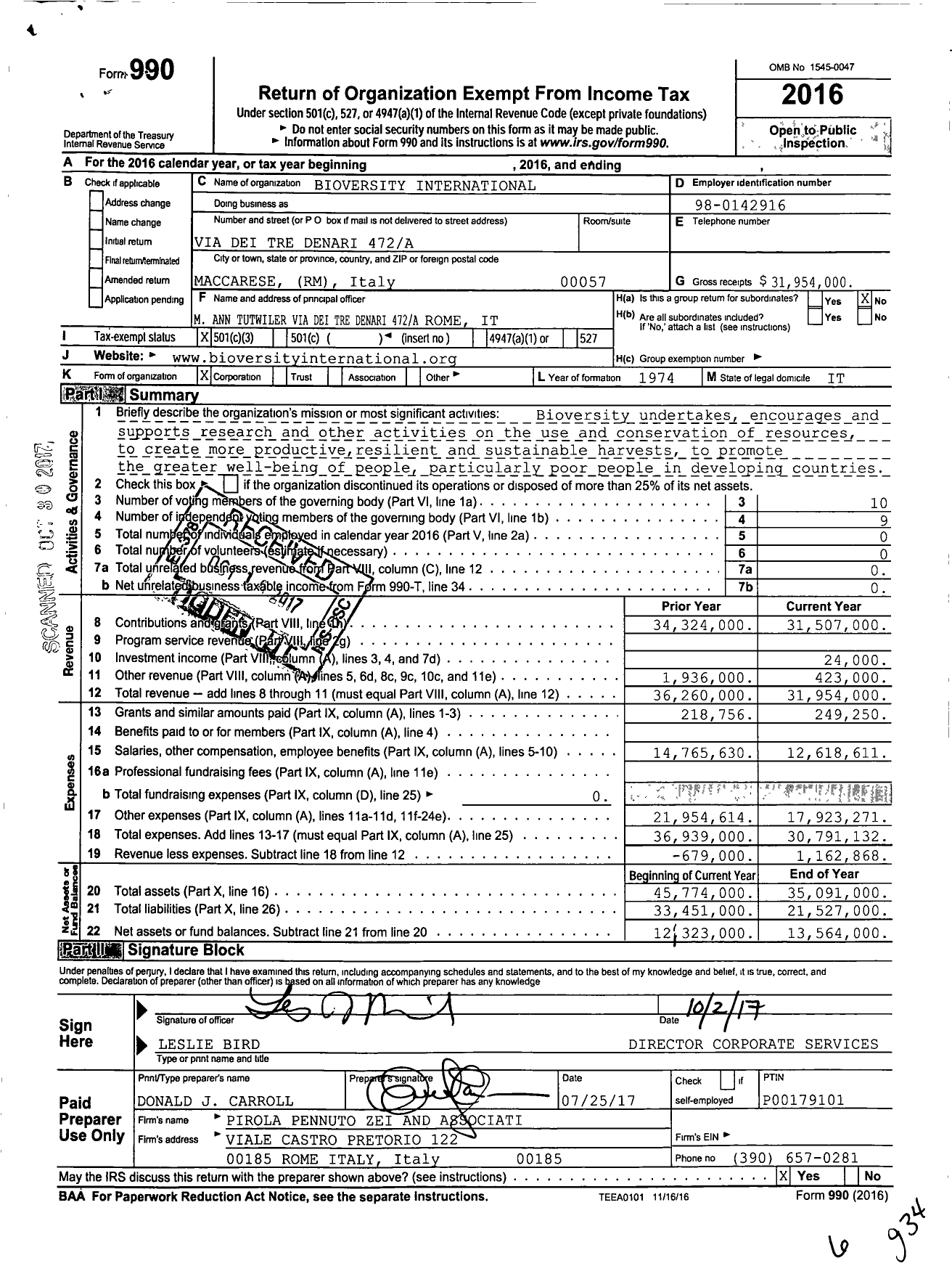 Image of first page of 2016 Form 990 for Bioversity International