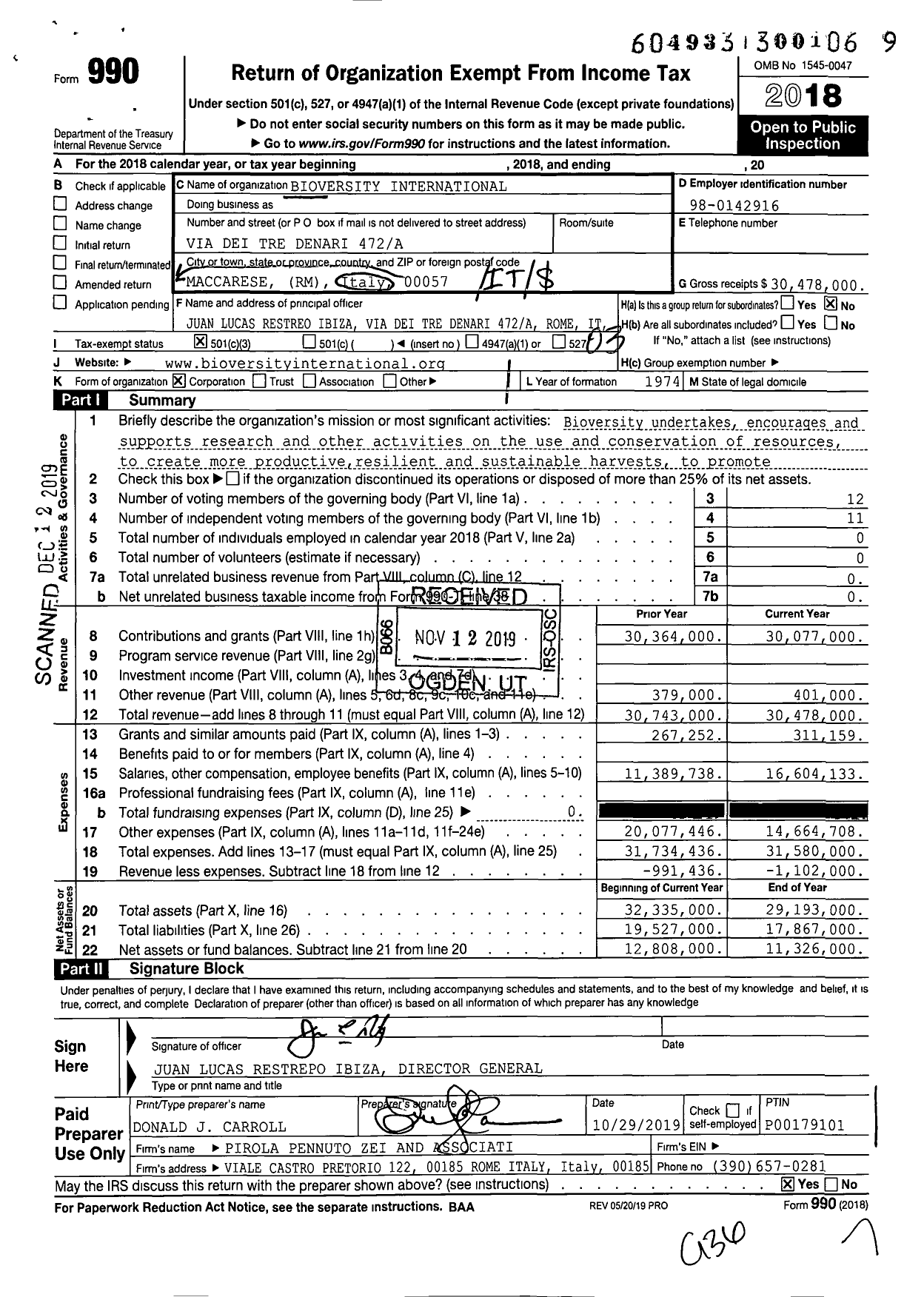 Image of first page of 2018 Form 990 for Bioversity International