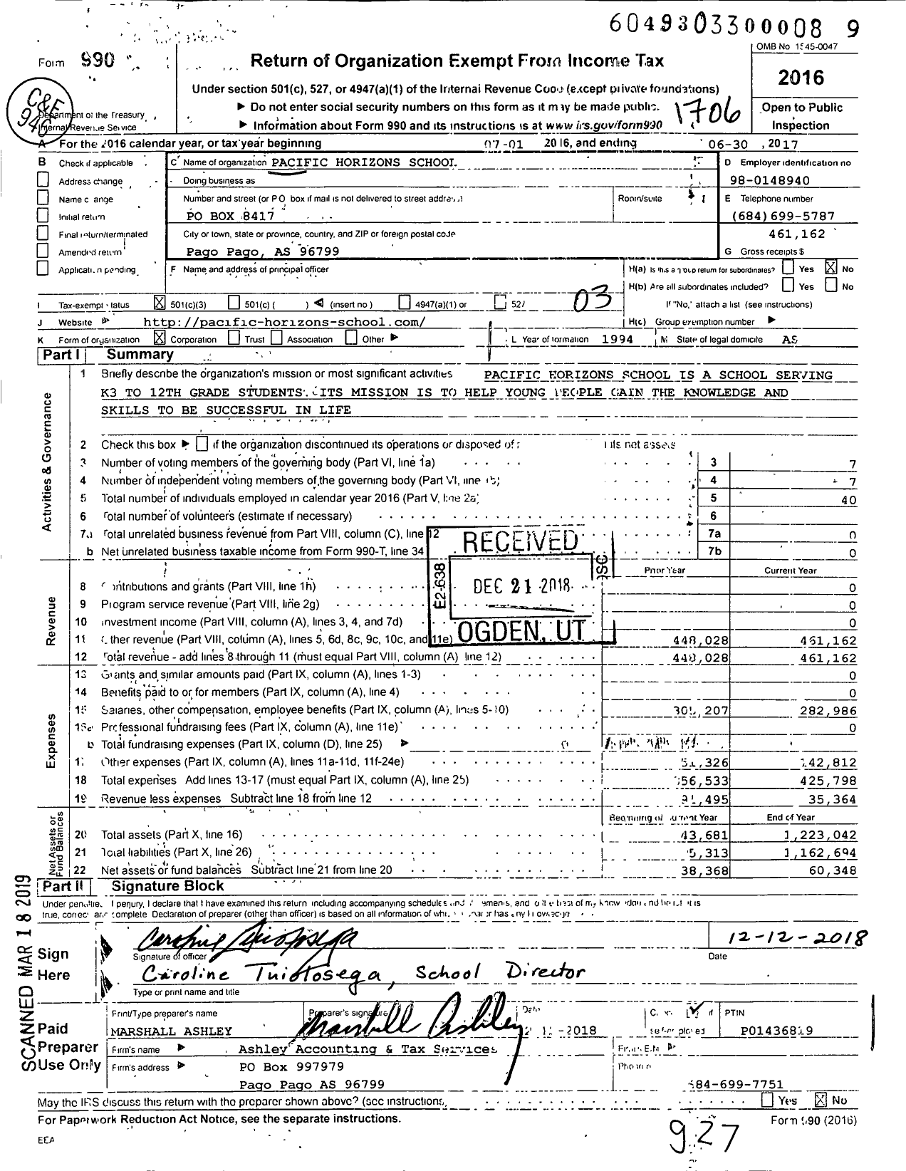 Image of first page of 2016 Form 990 for Pacific Horizons School